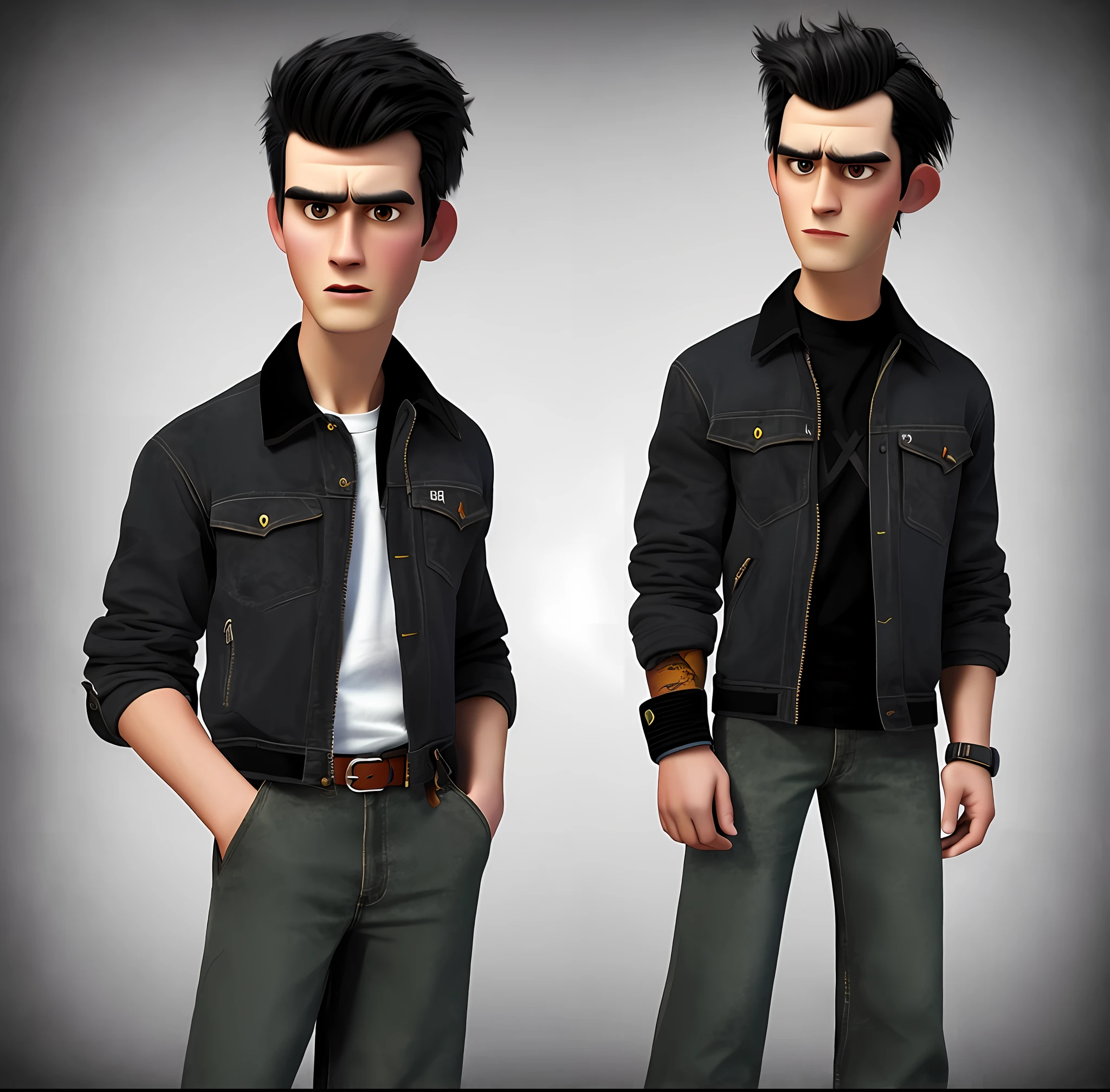 Pixarstyle a waist-high portrait of a young man wearing suede jack in square, serious, gradient black hair, natural skin texture, 4K textures, HDR, intricate, highly detailed, sharp focus, cinematic visual, hyper-detailed