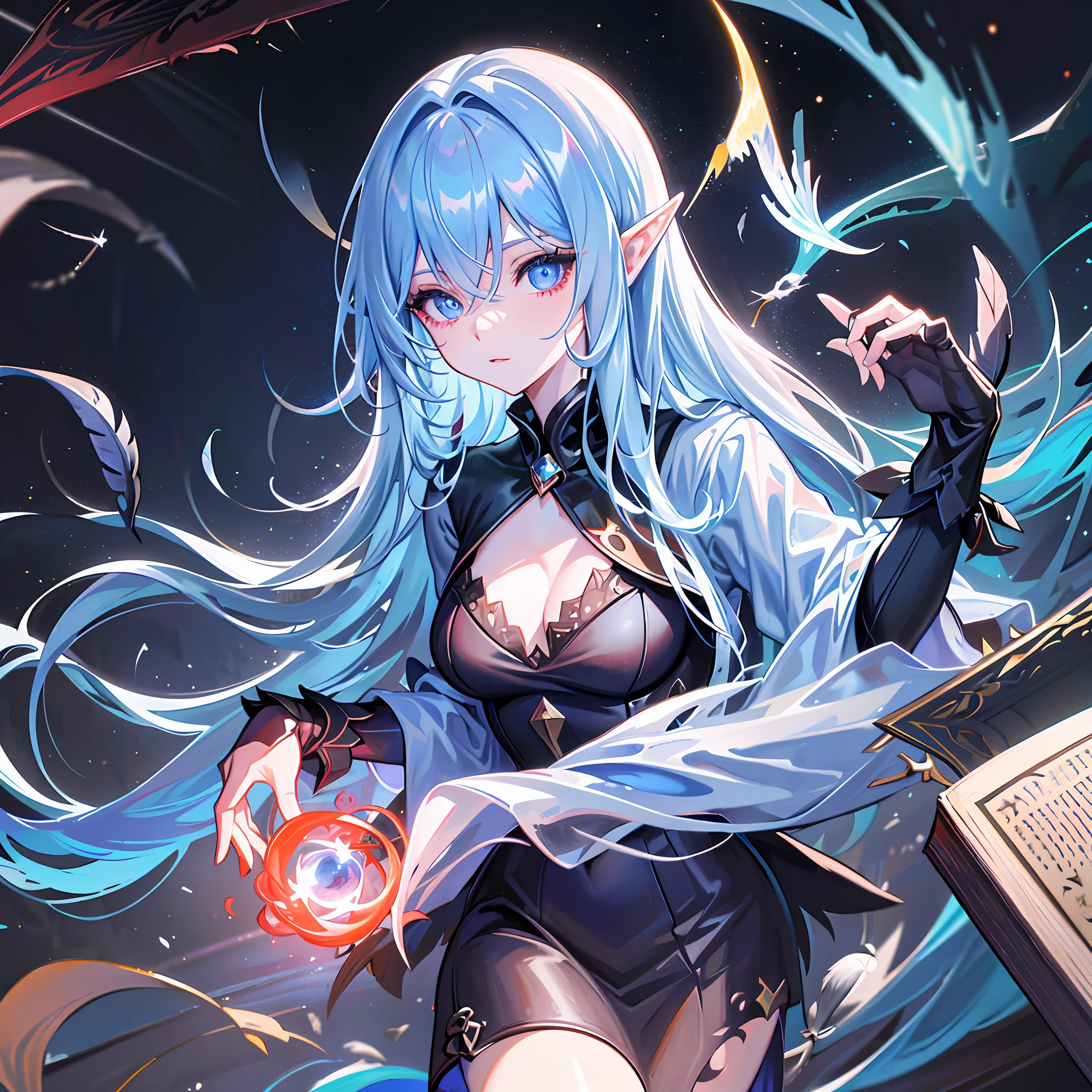 death, blood, night, darkness, (fantasy), infinity, deep blue sky, abyss of knowledge, knowledge, ((masterpiece)), (excellent))), ((beautiful and detailed eyes)), (eyelashes), monsters, (1 woman), blue hair, long hair, abyss eyes, shiny skin, oil, (bird body, feathers), rags, treachery, elf, extremely fine CG unity 8k wallpaper, masterpiece, ((super detailed)), ((illustration)), dazzling, wallpaper, energy, unknown horror, arcane, magic peripheral, Magic Surrounding, Magic Wand, Book Pages, Flying in the Sky, Knowing the Future, Prophesy the Future, Understanding the Past, Infinite Wisdom, Blue Flame, Warlock, Magic Array, Pentagram, Spells, Mantras, Singing Magic,