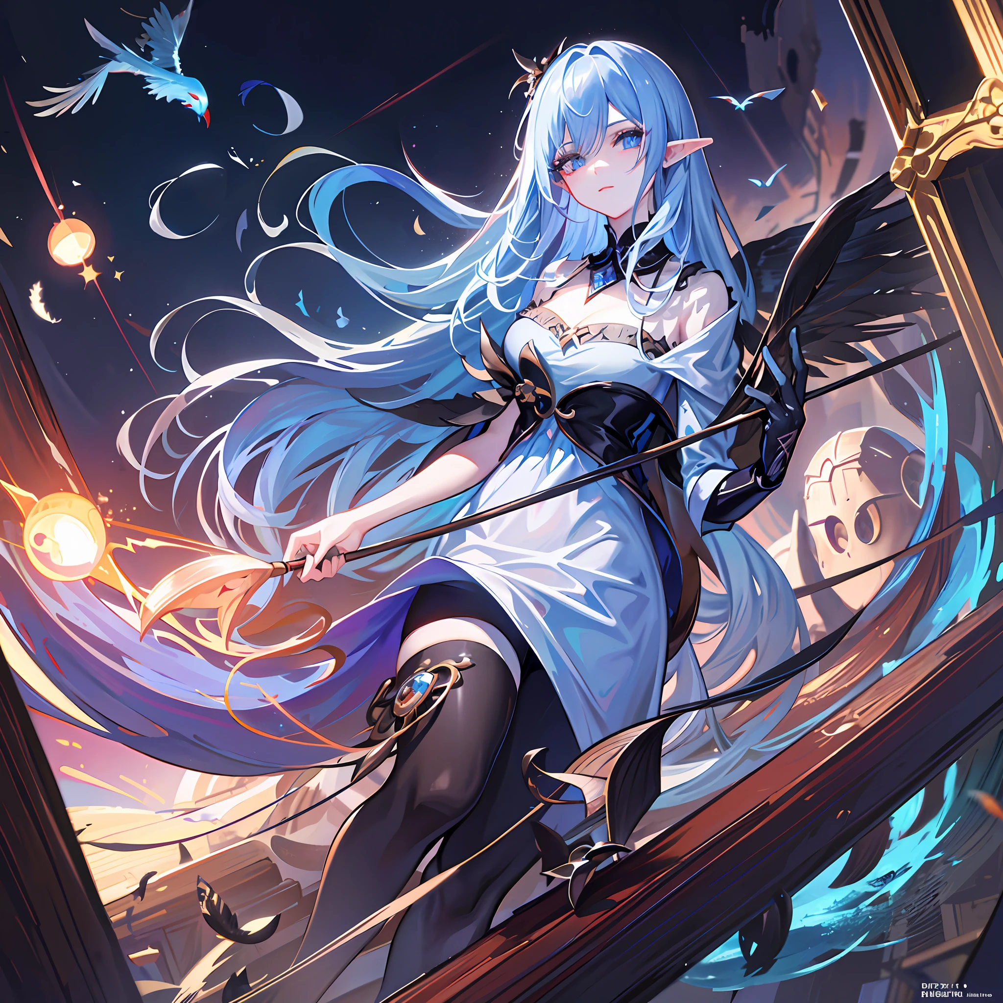 death, blood, night, darkness, (fantasy), infinity, deep blue sky, abyss of knowledge, knowledge, ((masterpiece)), (excellent))), ((beautiful and detailed eyes)), (eyelashes), monsters, (1 woman), blue hair, long hair, abyss eyes, shiny skin, oil, (bird body, feathers), rags, treachery, elf, extremely fine CG unity 8k wallpaper, masterpiece, ((super detailed)), ((illustration)), dazzling, wallpaper, energy, unknown horror, arcane, magic peripheral, Magic Surrounding, Magic Wand, Book Pages, Flying in the Sky, Knowing the Future, Prophesy the Future, Understanding the Past, Infinite Wisdom, Blue Flame, Warlock, Magic Array, Pentagram, Spells, Mantras, Singing Magic,