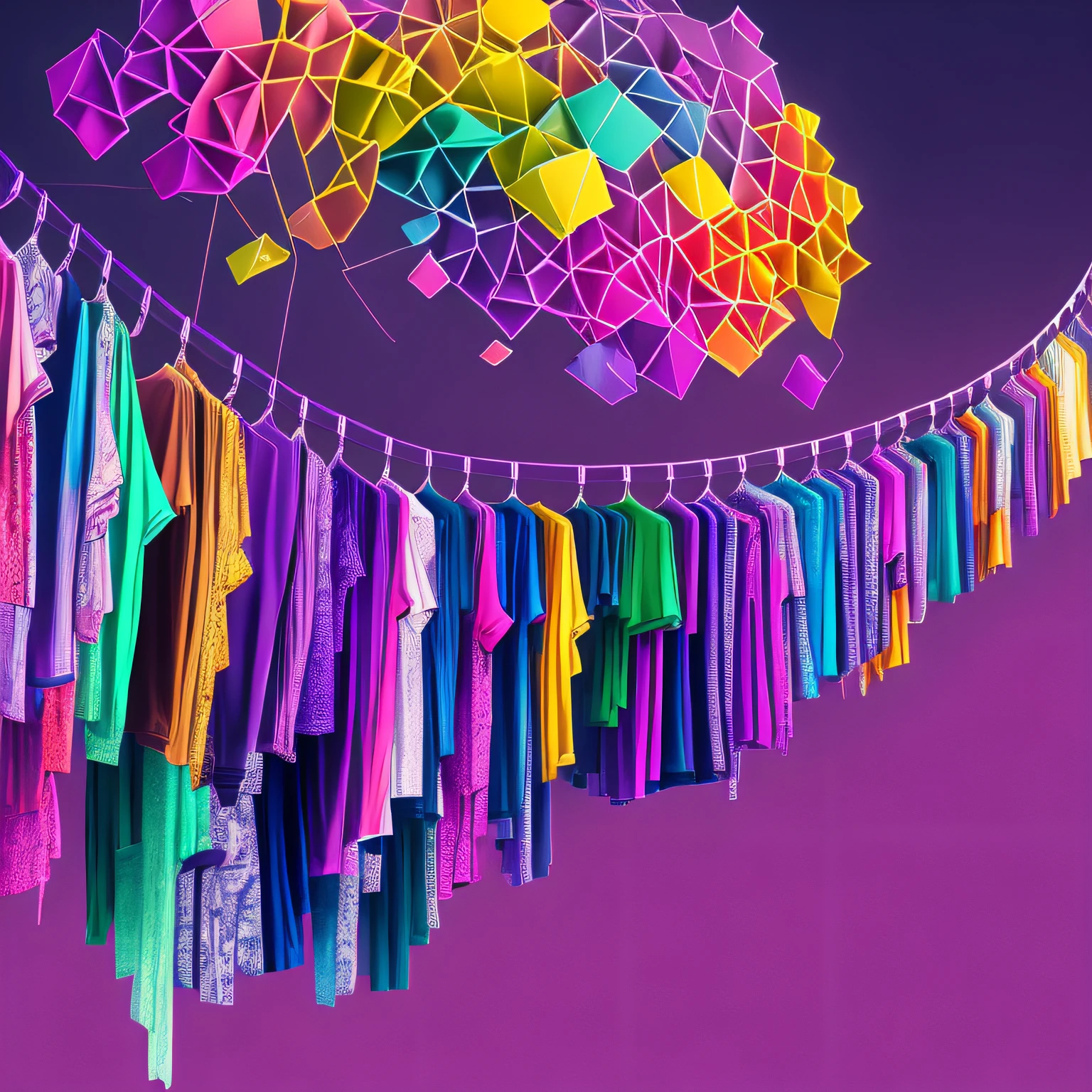 A futuristic 3D setting with vibrant colors, rolling cyril style, displaying a clothesline of Tee Haven printed T-shirts, busy compositions, pink, gigantic scale, color montages, website, blue and purple gradients, 8k, ultra-realistic. Highly detailed.