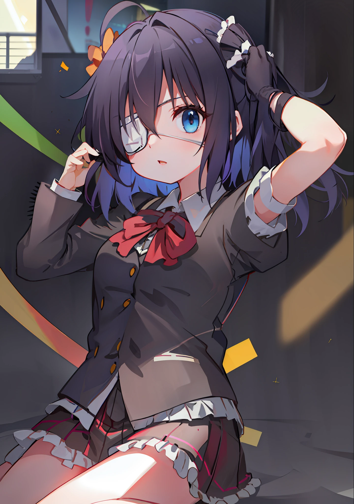 high res, masterpiece,Rikka Takanashi, black hair, solo, 1girl,outside,deatailed background, detailed eyes, ((blue eyes)), eyepatch