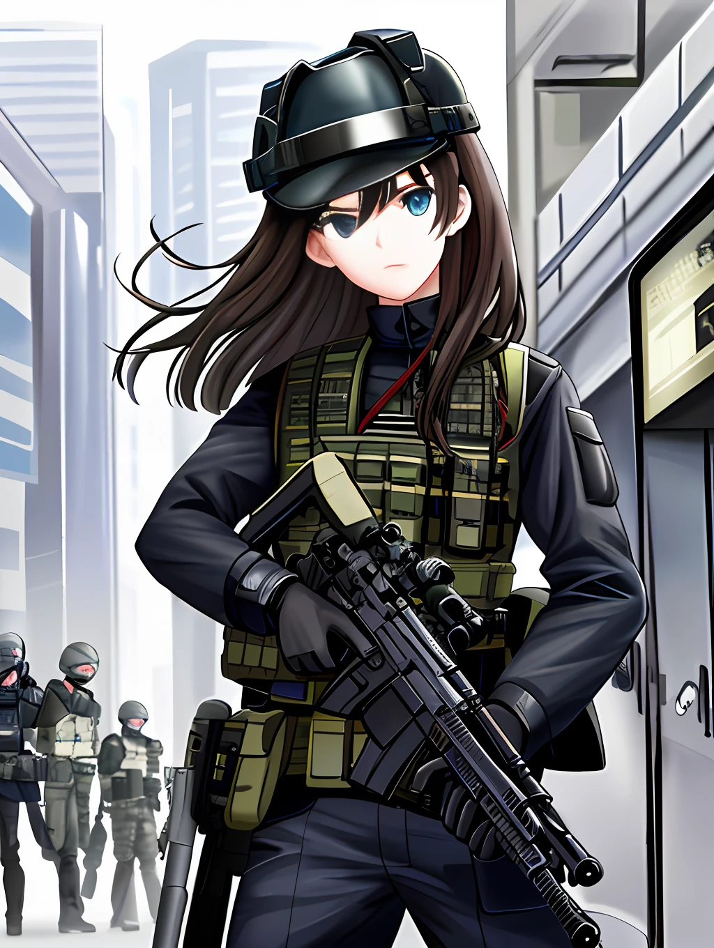 Modern, beauty, eye color is black, brown hair, semi-long, combat uniform is dark blue, dark blue pants, always wear a dark blue military helmet with visor deep on the head, wear a bulletproof vest, hold MP5 in your hand, face forward, 4 people in the background, urban area, high quality, high image quality, realistic, accurate hands