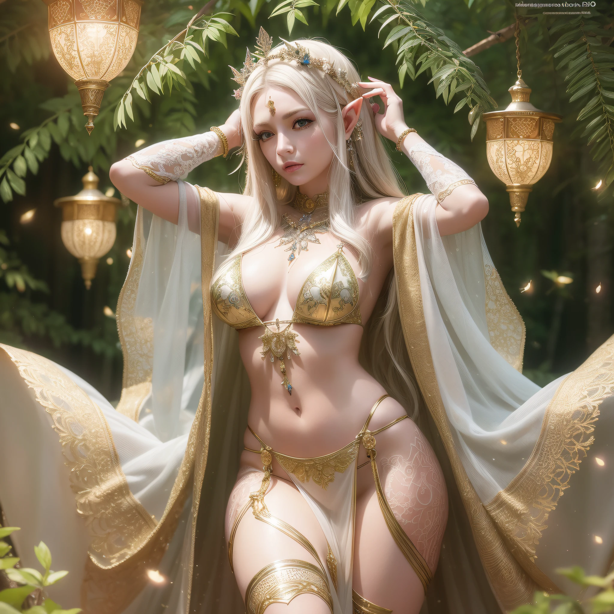 full body, 1girl, masterpice, hands over head, hands behind head, posing for camera, ((masterpiece, best quality)), beautiful blonde galadriel elf with and ((tribal tattoos)) in intricate detailed white lace robe and green and golden and silver inserts, wearing ((highly intricate detailed lingerie made of plants and flowers with diamonds and ruby)), (in lorien forest ), ((((red firefly)))), the goddess of life, cinematic, full lips, high resolution, ears elf, (big tits), detailed, sharp resolution, (high detailed skin:1.2), 8k uhd, dslr, dark soft lighting, high quality, film grain, Fujifilm XT3