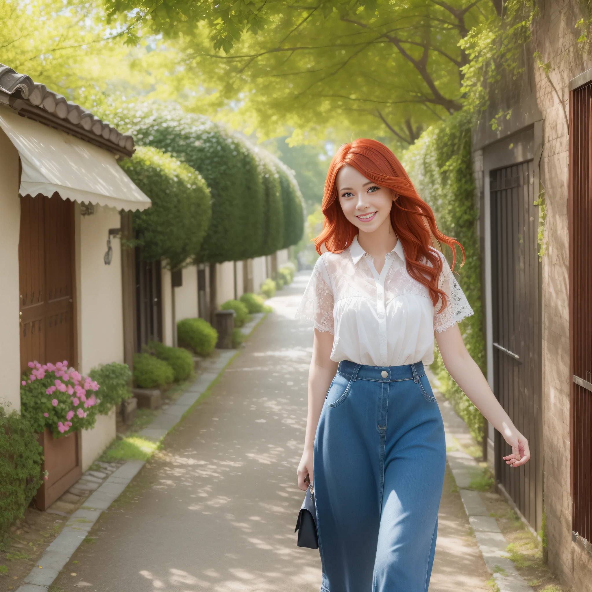 Draw a picture of a young American woman with red hair, wearing a blouse and chort, walking down a tree-lined street on a summer day. The street should be surrounded by trees and flowers, with rays of sun shining among the leaves. The young woman must be smiling and looking happy as she walks nonchalantly down the street