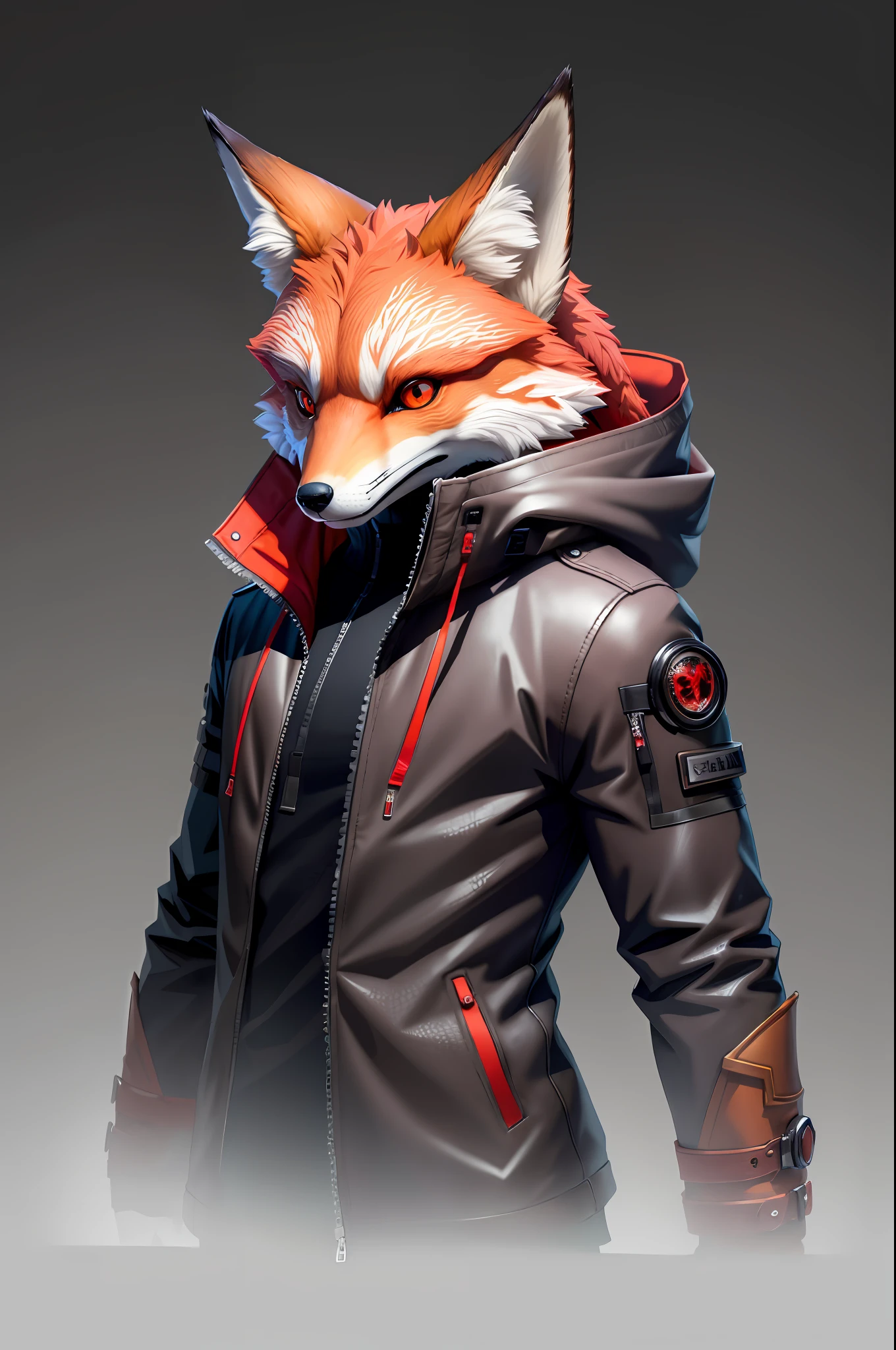 (high quality) (masterpiece) anthropomorphic fox Dark jacket body half facing viewer (masterpiece) (ultra details), red eyes anthropomorphic fox detailed eyes and lighting