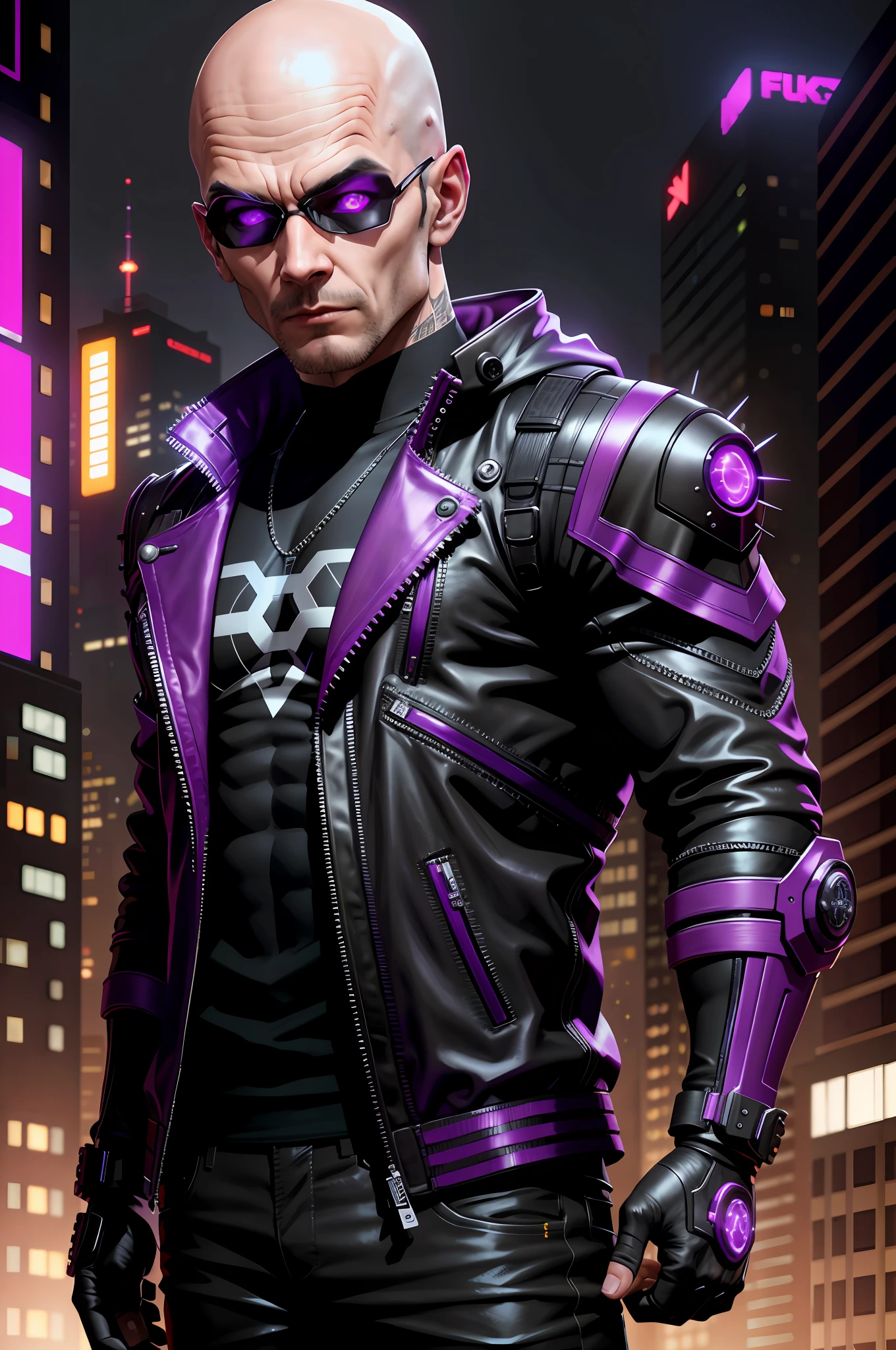 "(black and purple punk jacket:1) dark theme :: focus on closeup face, cute superhero face, ultra realistic futuristic cyberpunk muscular bald male in front of futuristic building :: cool cybernetic punk jacket neon red eyes :: with metallic black shirt :: natural lighting :: bokeh :: 8k :: best quality :: masterpiece :: insanely detailed:1.5"