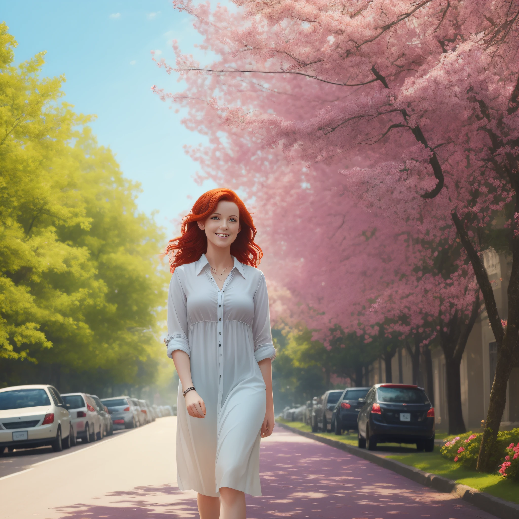 Draw a realistic picture of a young American woman with red hair, wearing a blouse and chort, walking down a tree-lined street on a summer day. The street should be surrounded by trees and flowers, with rays of sun shining among the leaves. The young woman must be smiling and looking happy as she walks nonchalantly down the street