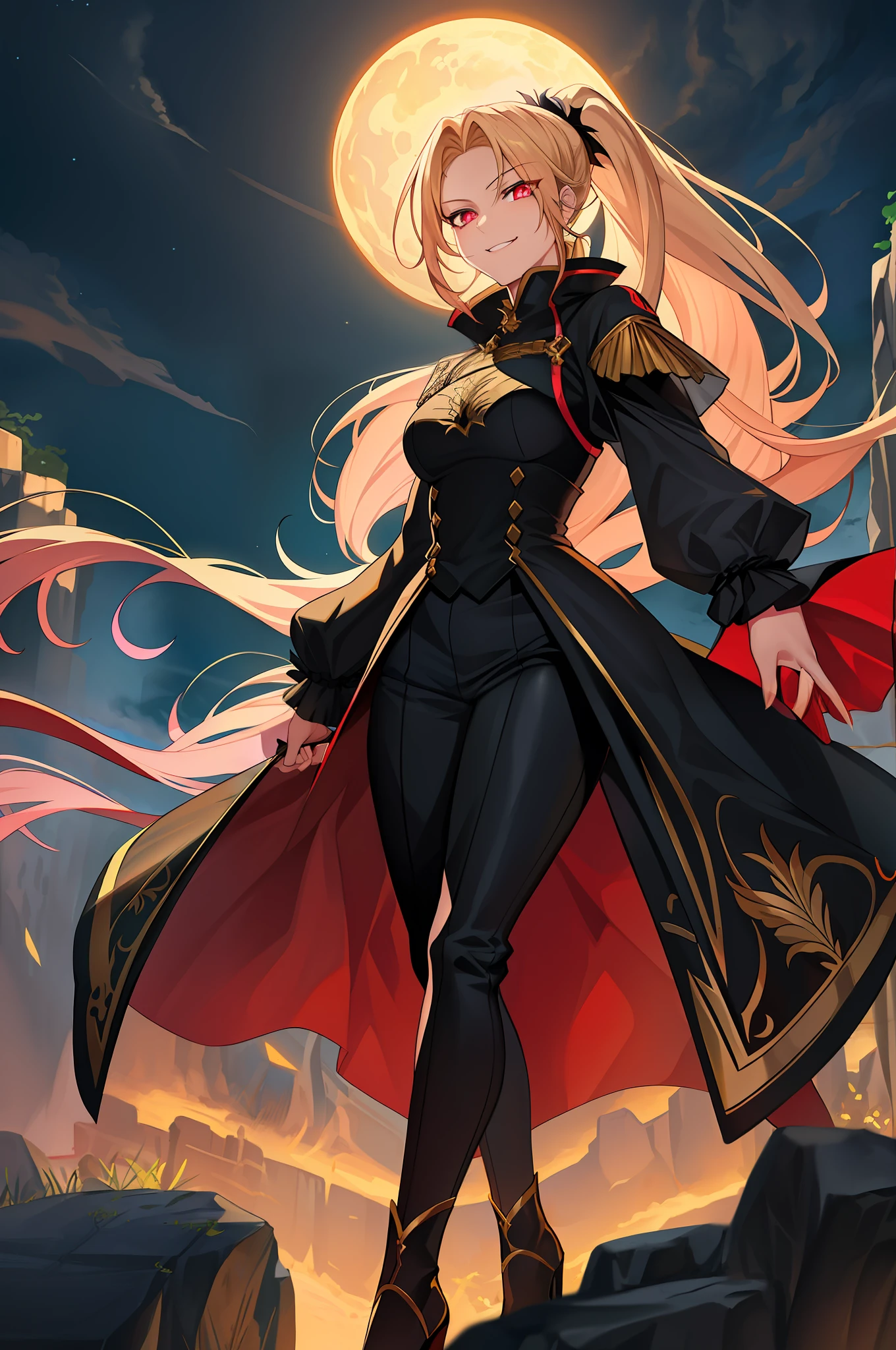 (masterpiece:1.2, best quality), extremely well detailed background,1girl,solo, long hair, golden hair, red eyes, big eyes, well detailed eyes, well detailed face, mature woman , evil smile, smirk, ponytail, black fighting outfit with pink glowing patterns, heels, long front, dark sky , moon, menacely walking , looking at the viewer, outdoor, on top of a cliff, extremely detailed eyes