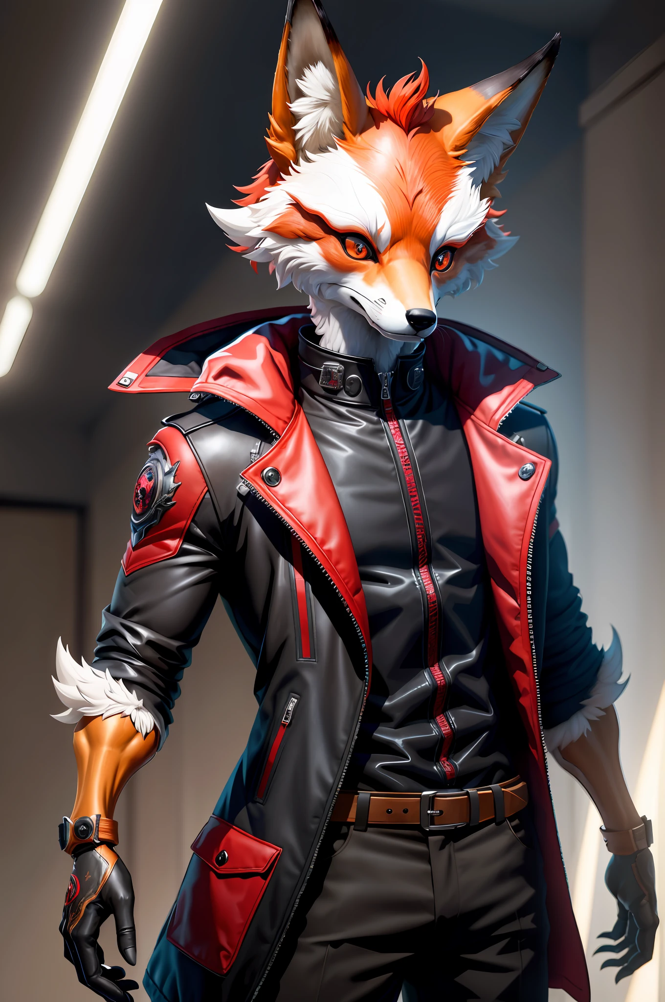 (high quality) (masterpiece) anthropomorphic fox Dark jacket body half facing viewer (masterpiece) (ultra details), red eyes anthropomorphic fox detailed eyes and lighting