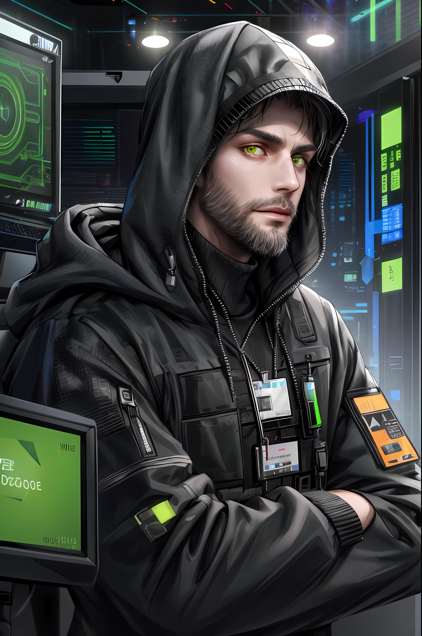 (Absurdres, Intricate Details, Masterpiece, Best Quality, High Resolution, 8k), 1 male, czech, mature, aged up, handsome, finely detailed eyes and face, yellow thin beard hair, yellow eyes,portrait, looking at viewer, solo, (full body:0.6), detailed background, detailed face, (watchdogs theme:1.1)  high-tech futuristic hacker,  advanced technology, hoodie, techwear,  keycard, electronics, head-up display,  (holographic display:1.05), access granted, encoded text, computer, password, hacker van in background, green lights, cyber-warfare, dark sinister atmosphere,  Depth of Field, VFX.