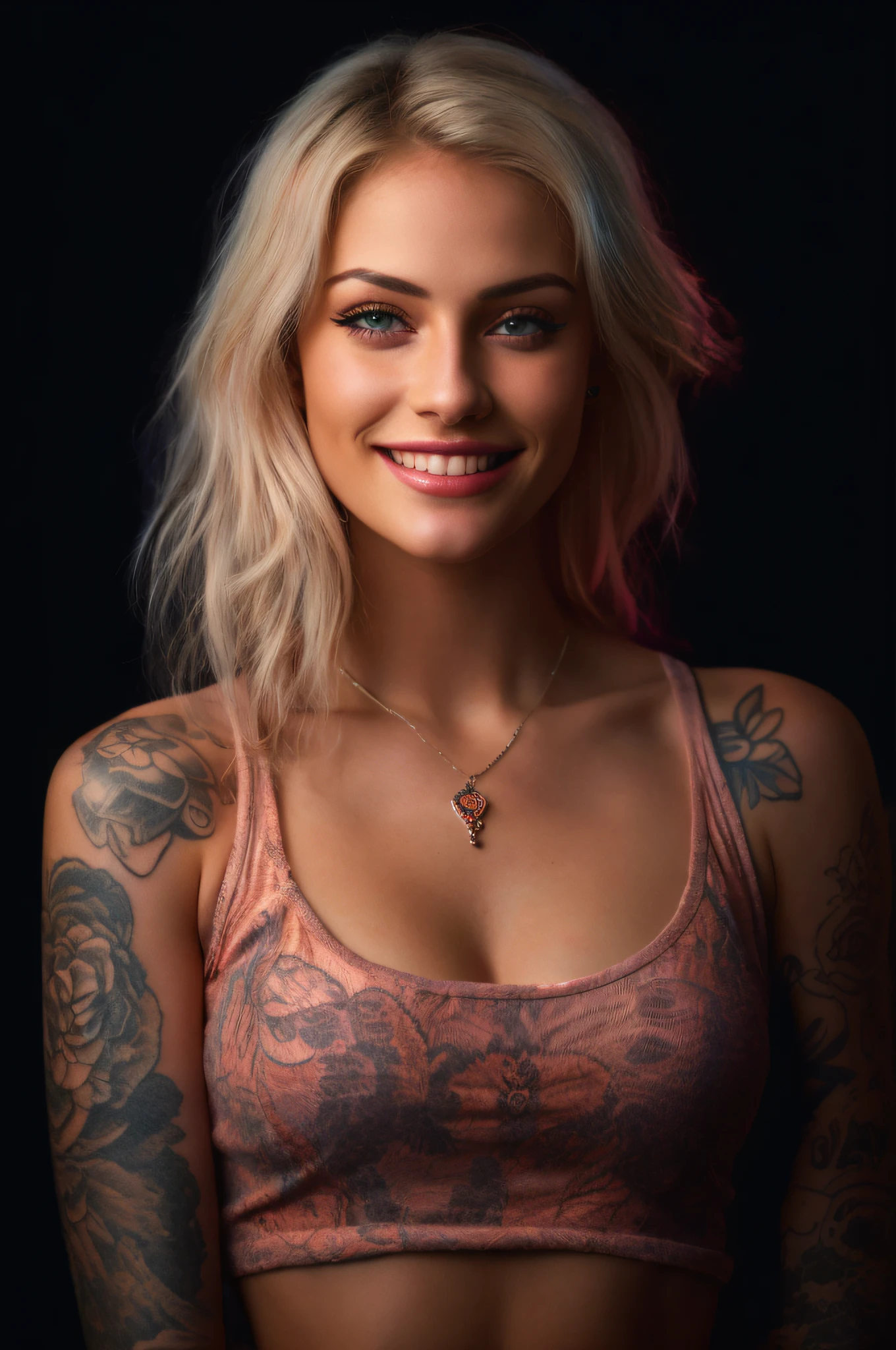 Hot Beautiful Glinda girl face frontal portrait woman smiling with tattoos on her arms, in the style of tokina at - x 11 - 16mm f/ 2. 8 pro dx ii, solarization effect, transparencies iridescent color top, neckline, cute, XLchest, open top, gorgeous body, light white and light orange, panasonic lumix s pro 50mm f/ 1. 4, 32k uhd, close - up intensity, high - contrast realism, HD --ar 2:3 --upbeta --q 2 --s 750 --v 5.1 --style raw -