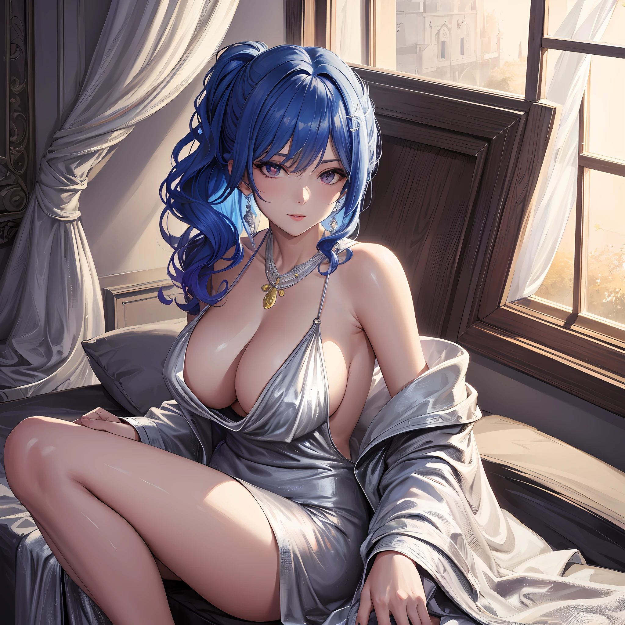 ((masterpiece, best quality)),
st. louis \(luxurious wheels\) \(azur lane\), highres, highest quallity, illustration, cinematic light, ultra detailed, detailed face, (detailed eyes), best quality, hyper detailed, masterpiece, (detailed face), large breasts, hair ornament, earrings, necklace, portrait, silver dress, revealing clothes,highest details, luminous eyes, (hotel:1.2), sitting in bed, sitting, bed, window, night sky, backlighting, light rays, (high contrast), (colorful),