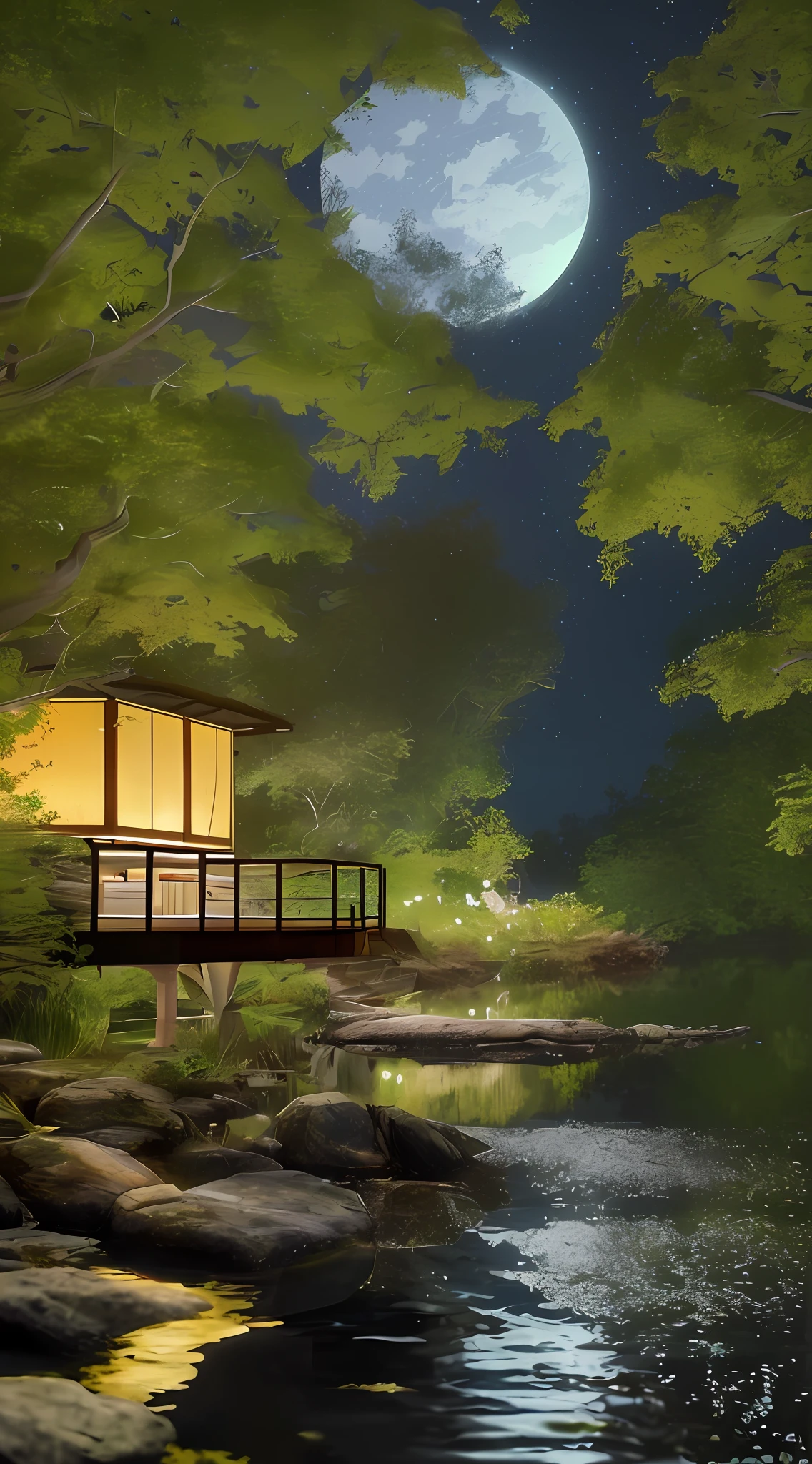 Cottage by the lake, fantastic and simple vegetation, beautiful blue sky, beautiful day, very detailed, high resolution, best quality, many butterflies, beautiful landscape, Magic Golden Age, 9:16, cinematic light, Ray tracing, many white flowers, sparkling grass, magnificent trees, magic trees, detailed trees