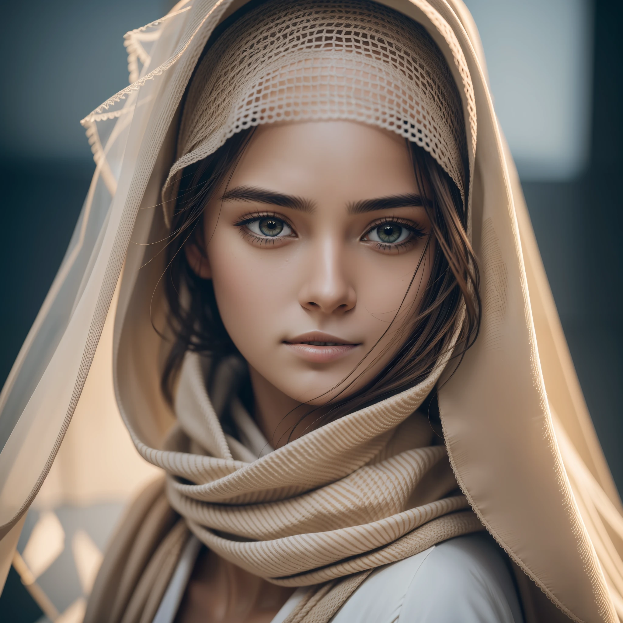 a photorealistic portrait of a stunningly beautiful woman without make-up, extremely detailed light hazel eyes, detailed symmetric realistic face, natural skin texture, extremely detailed skin with skin pores, peach fuzz, messy hair, wearing shawl over her head, masterpiece, absurdres, award winning photo by lee jeffries, nikon d850 film stock photograph, kodak portra 400 camera f1.6 lens, extremely detailed, amazing, fine detail, rich colors, hyper realistic lifelike texture, dramatic lighting, unrealengine, trending on artstation, cinestill 800 tungsten, looking at the viewer, photo realistic, RAW photo, TanvirTamim, high quality, highres, sharp focus, extremely detailed, cinematic lighting, 8k uhd