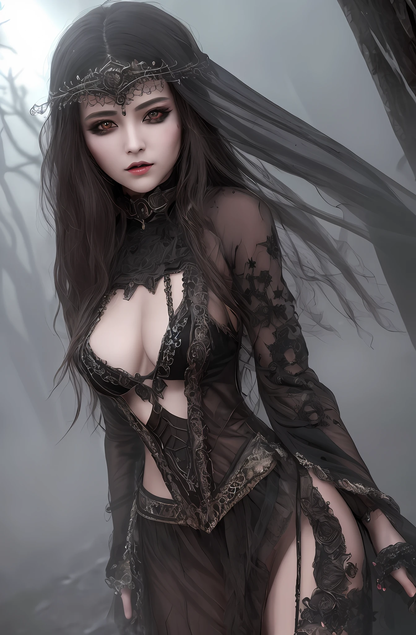 (16k, masterpiece, best quality), ultra-detailed, detailed beautiful round eyes, beautifully detailed face, high quality, high resolution, a female necromancer appeared from the fog with an army of undead, in the darkness of the night, zombie, an evil face, mature women