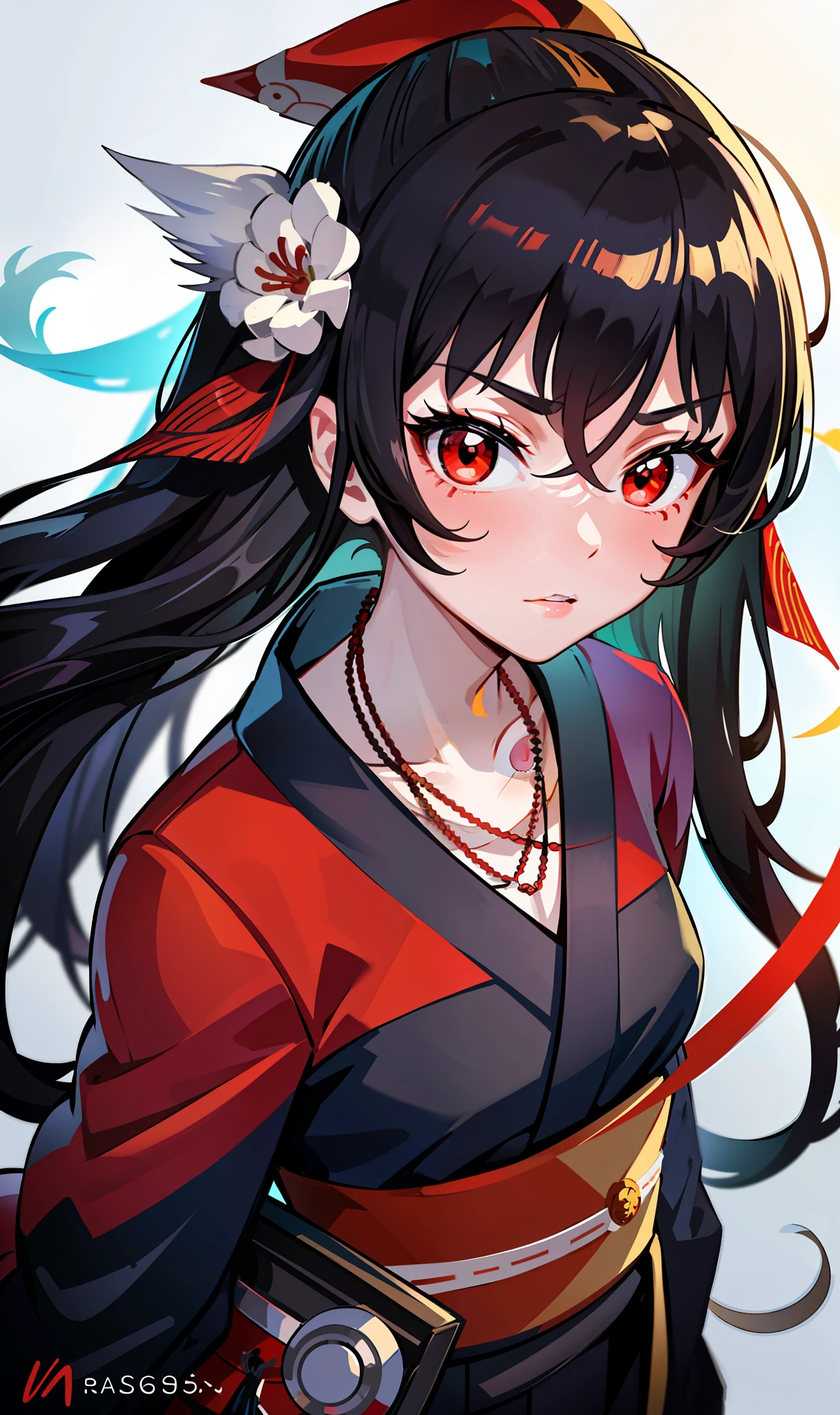a woman in a kimono is staring at the camera with a red eye on her face and a red ribbon around her hair, Ai-Mitsu, anime art, a character portrait, sots art