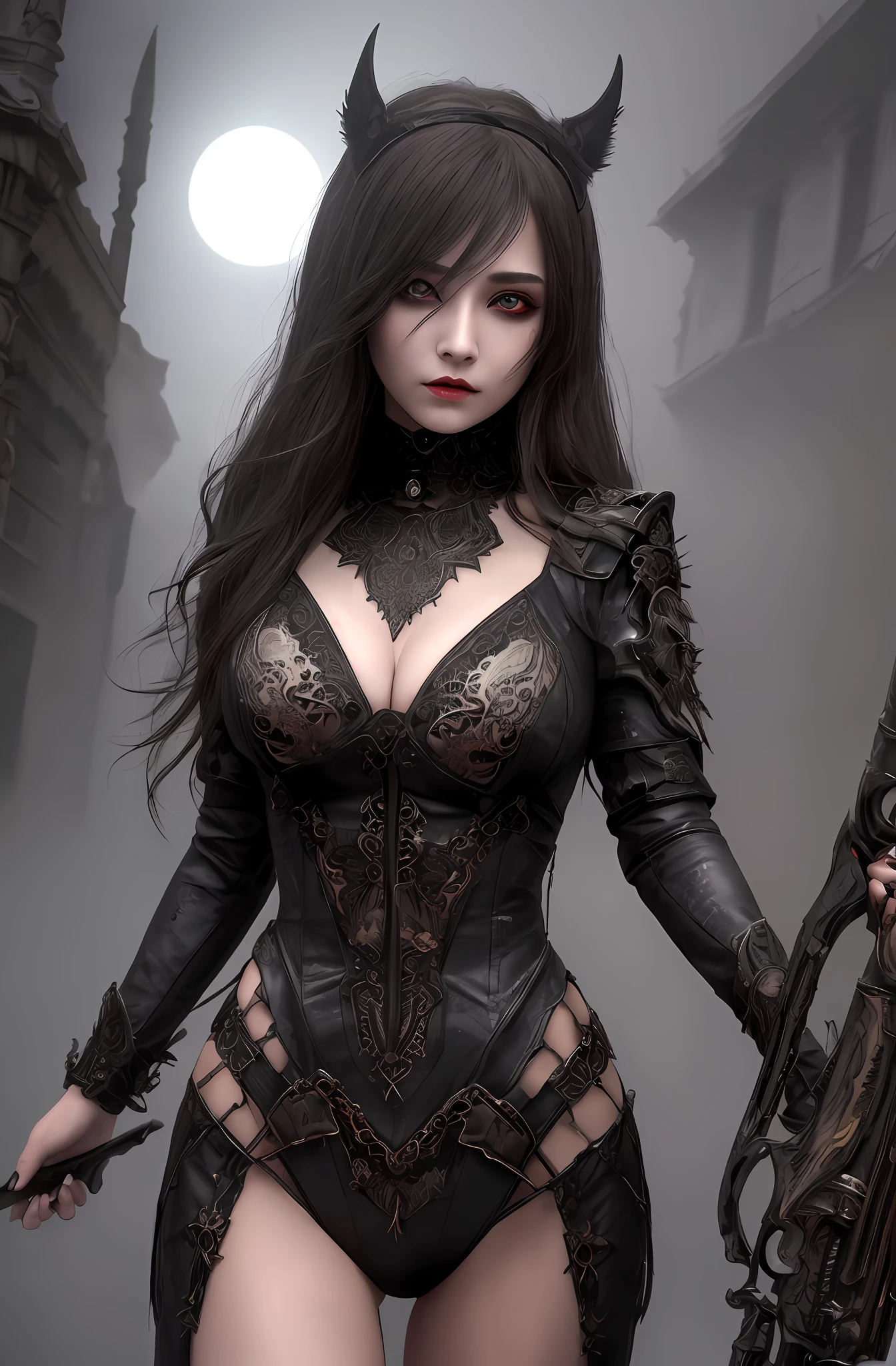 (16k, masterpiece, best quality), ultra-detailed, detailed beautiful round eyes, beautifully detailed face, high quality, high resolution, a female necromancer appeared from the fog with an army of undead, in the darkness of the night, zombie, an evil face, mature women