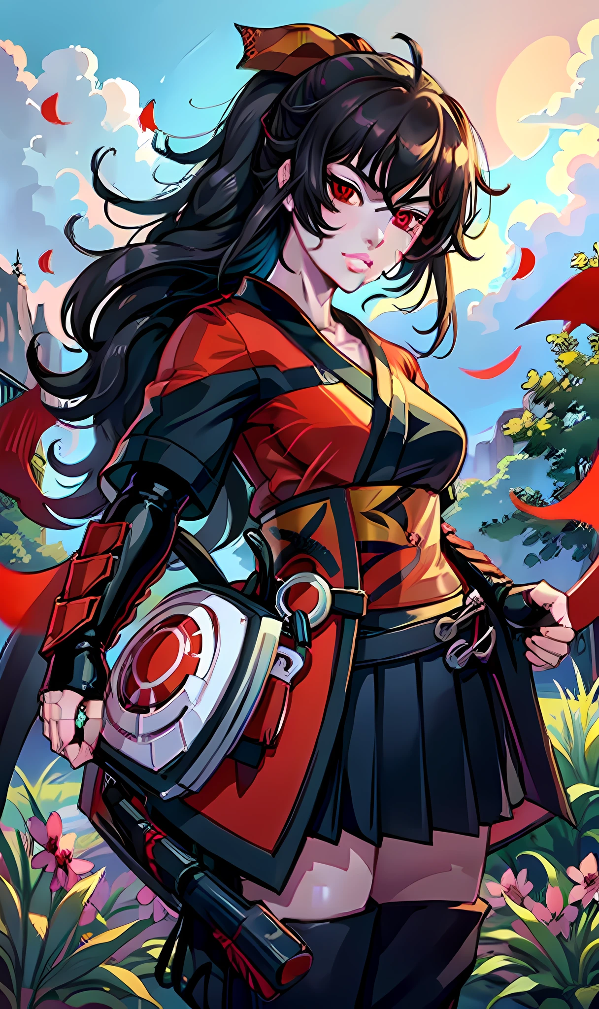 a woman in a kimono is staring at the camera with a red eye on her face and a red ribbon around her hair, Ai-Mitsu, anime art, a character portrait, sots art