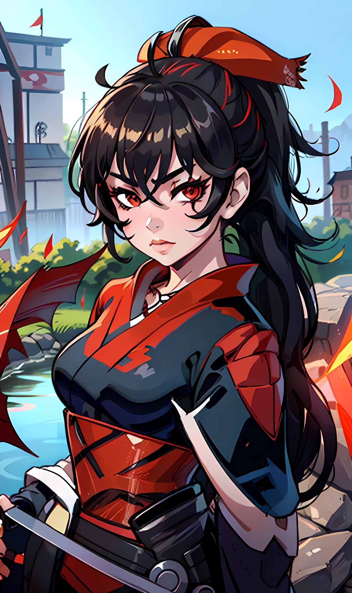 a woman in a kimono is staring at the camera with a red eye on her face and a red ribbon around her hair, Ai-Mitsu, anime art, a character portrait, sots art