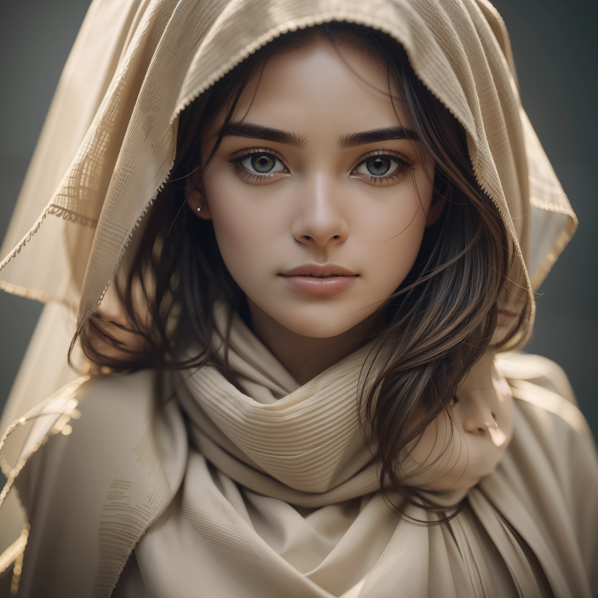 a photorealistic portrait of a stunningly beautiful woman without make-up, extremely detailed light hazel eyes, detailed symmetric realistic face, natural skin texture, extremely detailed skin with skin pores, peach fuzz, messy hair, wearing shawl over her head, masterpiece, absurdres, award winning photo by lee jeffries, nikon d850 film stock photograph, kodak portra 400 camera f1.6 lens, extremely detailed, amazing, fine detail, rich colors, hyper realistic lifelike texture, dramatic lighting, unrealengine, trending on artstation, cinestill 800 tungsten, looking at the viewer, photo realistic, RAW photo, TanvirTamim, high quality, highres, sharp focus, extremely detailed, cinematic lighting, 8k uhd