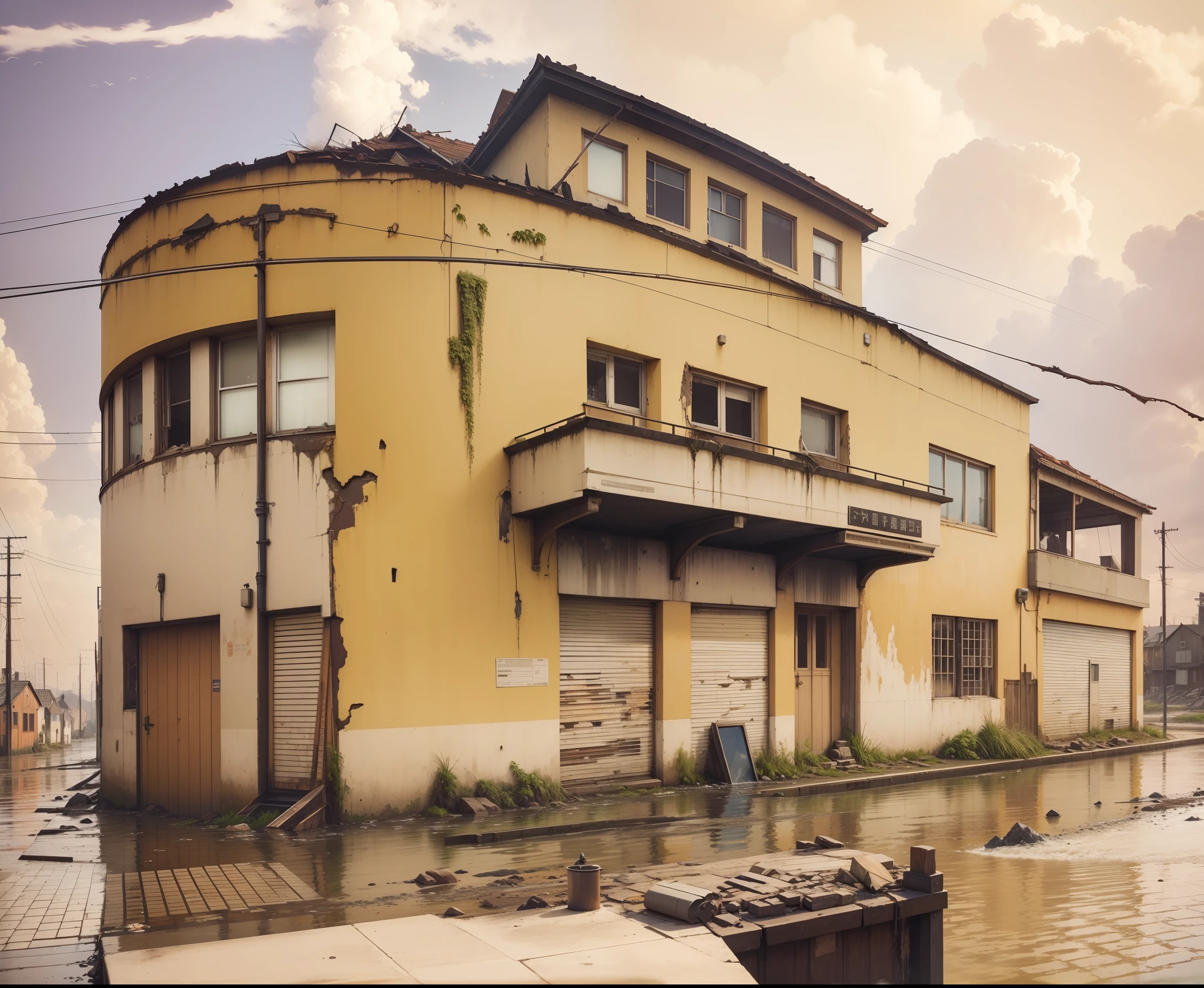 Apocalypse magem, crumbling buildings, rubble, fire+, dirty water, running river, rapids,waves, realistic epic, hdr++, abandoned building,abandoned objects, many abandoned objects, rusty metals flood, dirty water,floating debris, neutral colors,, refractions of screen space, (complex details)+, complex details+, houses falling n o mio of the street shaking the waterhyperdetailed+, artistic station, cinematic plan, vignette, complex background,,bush on the sidewalk,rusty carcasses on the ground, , birds flying, frogs, leaves floating in the water, water running in the mei of the scene, lots of vegetation on the roof of the houses, vegetation on the water's edge, plants in the water, frogs in the water, herons in the water, vultures flyingbush photorealistic on the façade