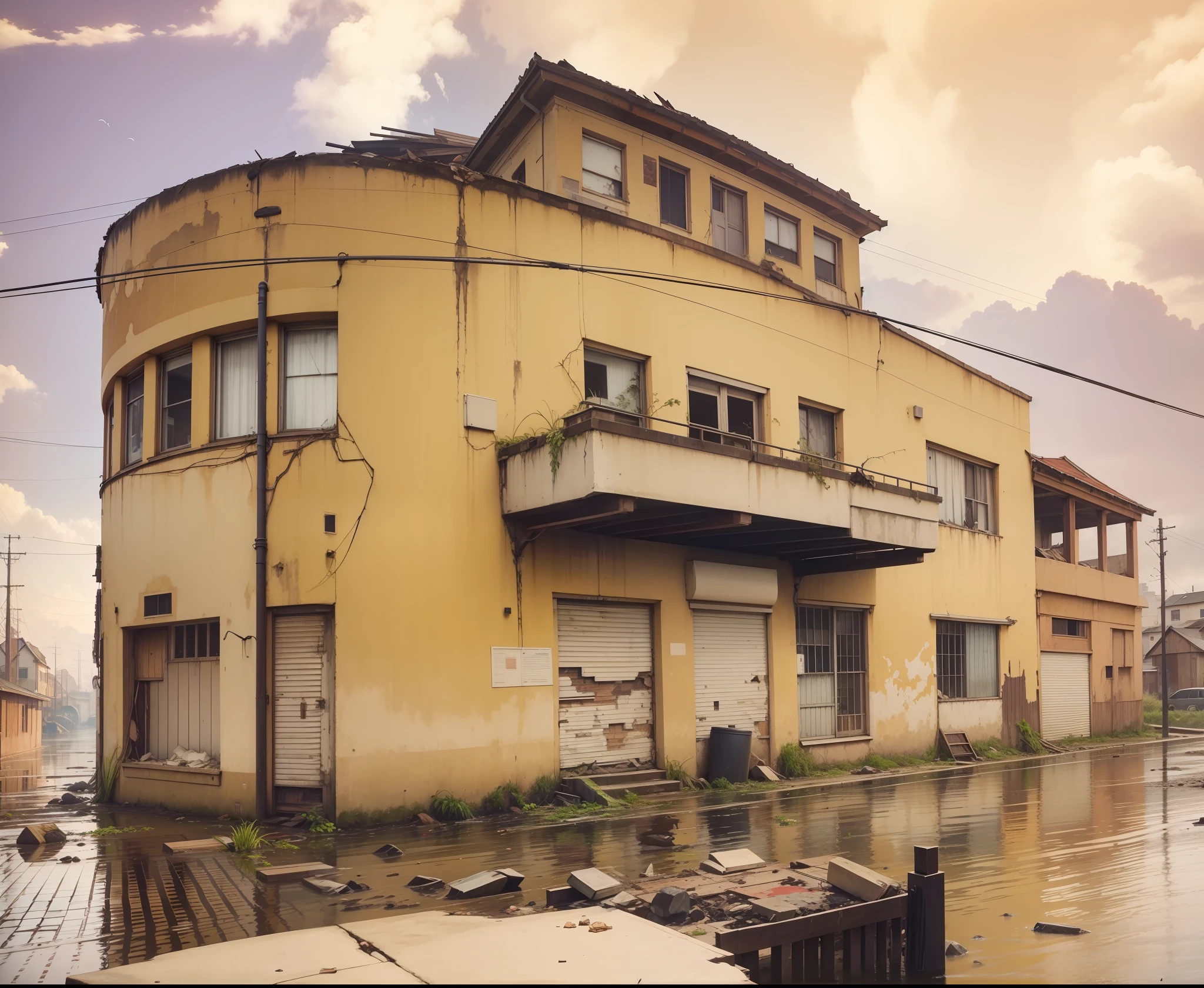 Apocalypse magem, crumbling buildings, rubble, fire+, dirty water, running river, rapids,waves, realistic epic, hdr++, abandoned building,abandoned objects, many abandoned objects, rusty metals flood, dirty water,floating debris, neutral colors,, refractions of screen space, (complex details)+, complex details+, houses falling n o mio of the street shaking the waterhyperdetailed+, artistic station, cinematic plan,  vignette, complex background,,bush on the sidewalk,rusty carcasses on the ground, , birds flying, frogs, leaves floating in the water, water running in the mei of the scene, lots of vegetation on the roof of the houses, vegetation on the water's edge, plants in the water, frogs in the water, herons in the water, vultures flyingbush photorealistic on the façade