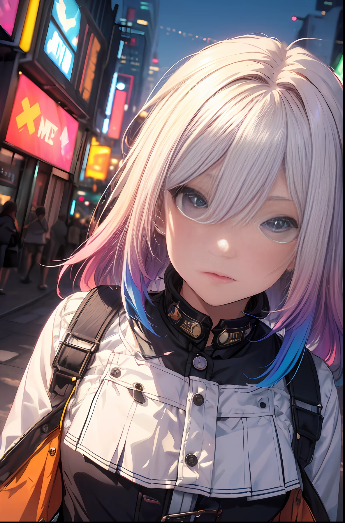 NY, (gradient hair, dutch angle:1.3), film grain, chromatic aberration, city, masterpiece, best quality, raw photo, photorealistic, absurdres, 1girl, cute, perspective, cowboy shot, highres, ultra detailed, detailed eyes and face, sharp pupils, realistic pupils, sharp focus, summer, night,