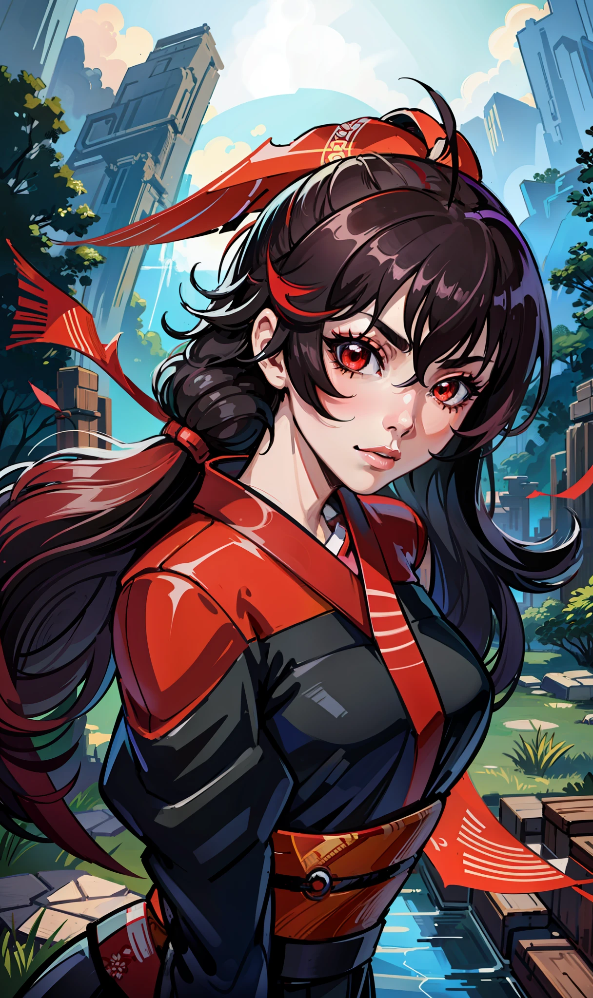 a woman in a kimono is staring at the camera with a red eye on her face and a red ribbon around her hair, Ai-Mitsu, anime art, a character portrait, sots art