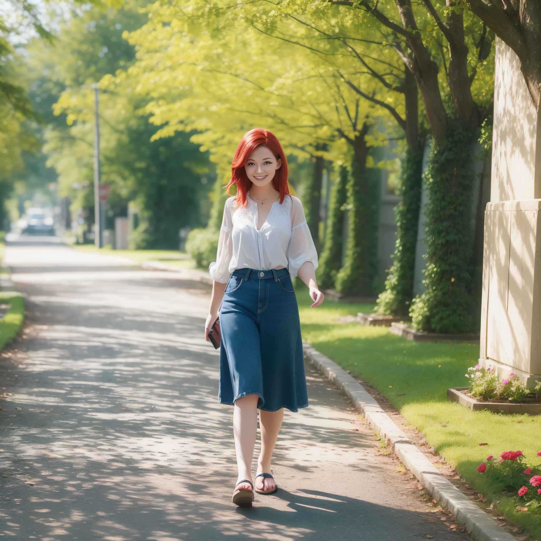 Draw a realistic picture of a young American woman with red hair, wearing a blouse and chort, walking down a tree-lined street on a summer day. The street should be surrounded by trees and flowers, with rays of sun shining among the leaves. The young woman must be smiling and looking happy as she walks nonchalantly down the street
