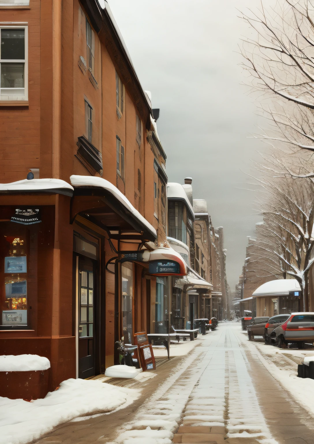 snowy sidewalk corner post broad street shops art gallery and cafe on the equina cloudy day