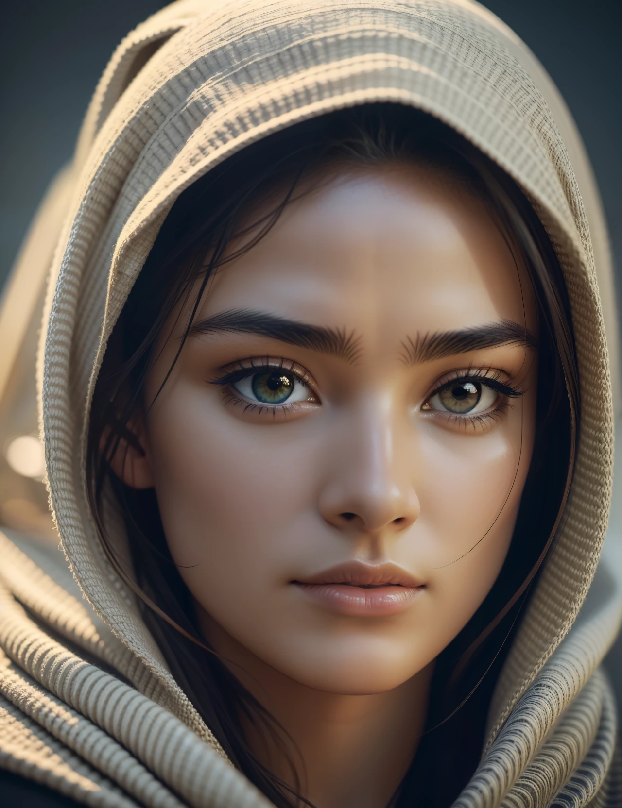 a photorealistic portrait of a stunningly beautiful woman without make-up, extremely detailed light hazel eyes, detailed symmetric realistic face, natural skin texture, extremely detailed skin with skin pores, peach fuzz, messy hair, wearing shawl over her head, masterpiece, absurdres, award winning photo by lee jeffries, nikon d850 film stock photograph, kodak portra 400 camera f1.6 lens, extremely detailed, amazing, fine detail, rich colors, hyper realistic lifelike texture, dramatic lighting, unrealengine, trending on artstation, cinestill 800 tungsten, looking at the viewer, photo realistic, RAW photo, TanvirTamim, high quality, highres, sharp focus, extremely detailed, cinematic lighting, 8k uhd