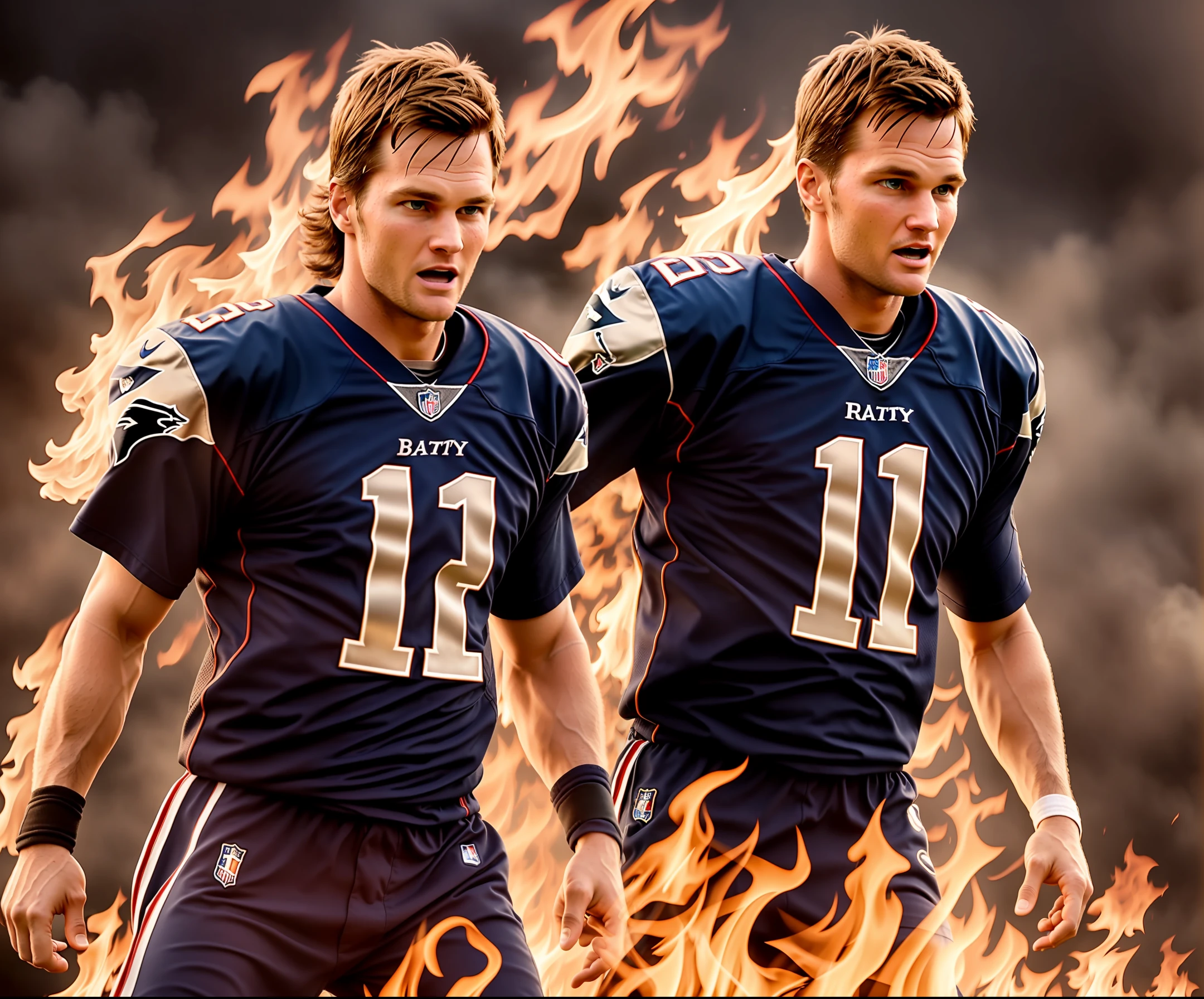 cinematic shot of realistic cute ,Tom Brady, surounded by fire, seamless, epic, cinematic, intricate detail, award winning, great lighting, shading, high quality, detailed