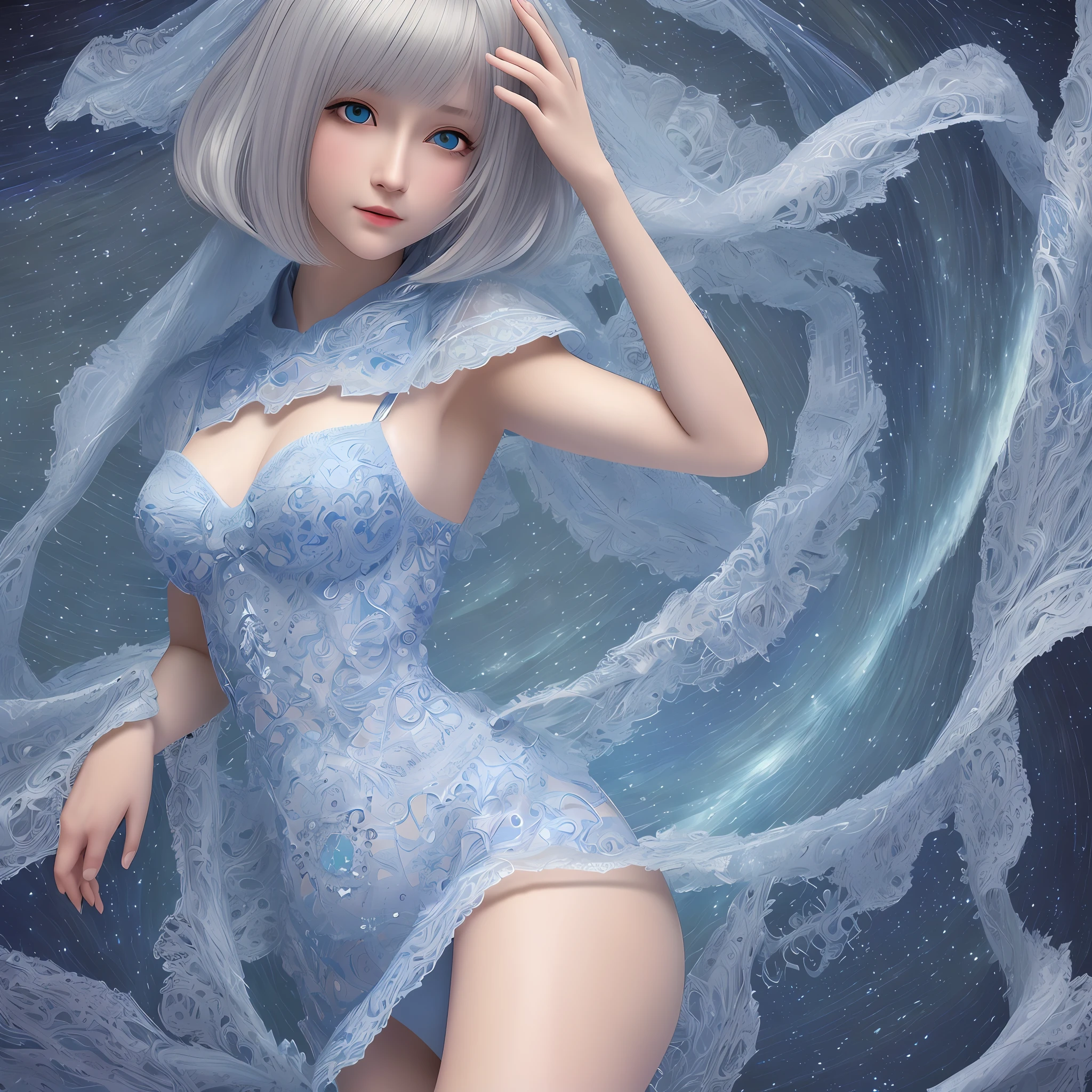 high resolution, best quality, masterpiece, ultra high definition, ultra high definition, ultra realistic, 3d, anime, illustration, background kaleidoscope, solo, beauty cute lady, big glossy blue eyes, glossy gray long wavy bob cut, gentle smile, full body, perfect best proportion, 10 heads tall, thin lace camisole dress and shawl