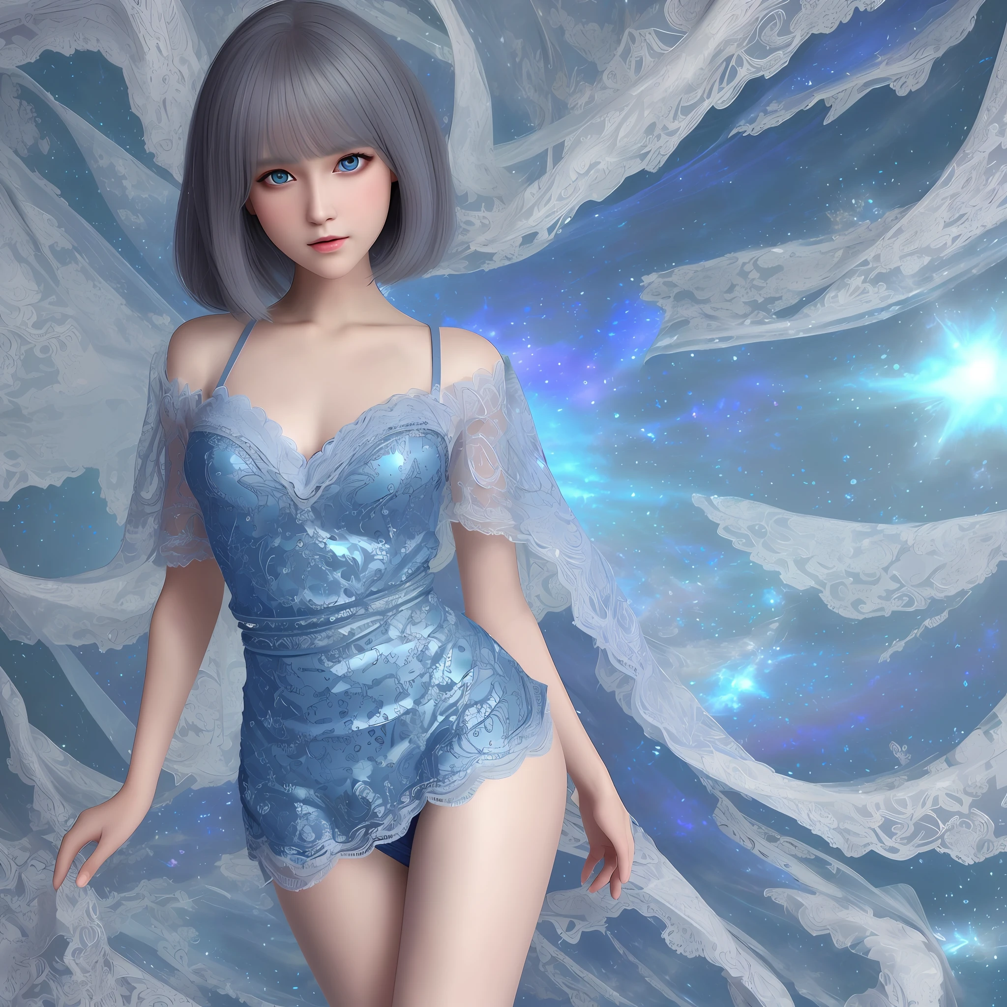 high resolution, best quality, masterpiece, ultra high definition, ultra high definition, ultra realistic, 3d, anime, illustration, background kaleidoscope, solo, beauty cute lady, big glossy blue eyes, glossy gray long wavy bob cut, gentle smile, full body, perfect best proportion, 10 heads tall, thin lace camisole dress and shawl