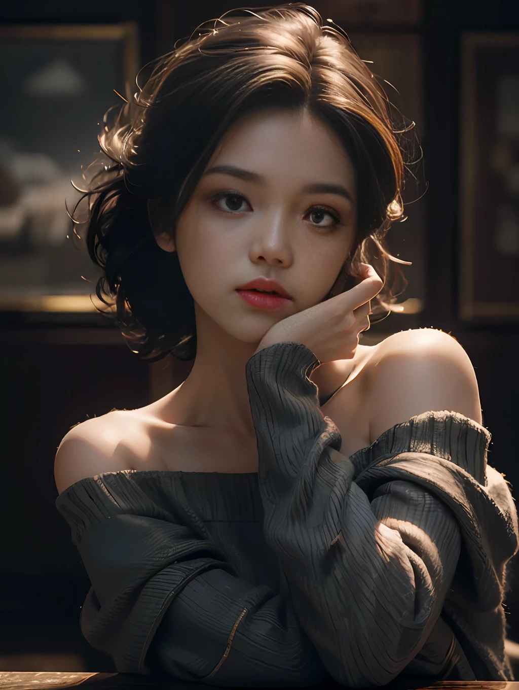 Best quality, masterpiece, ultra high res, (photorealistic:1.4), raw photo, 1girl, off shoulder, cinematic lighting, kiss poses