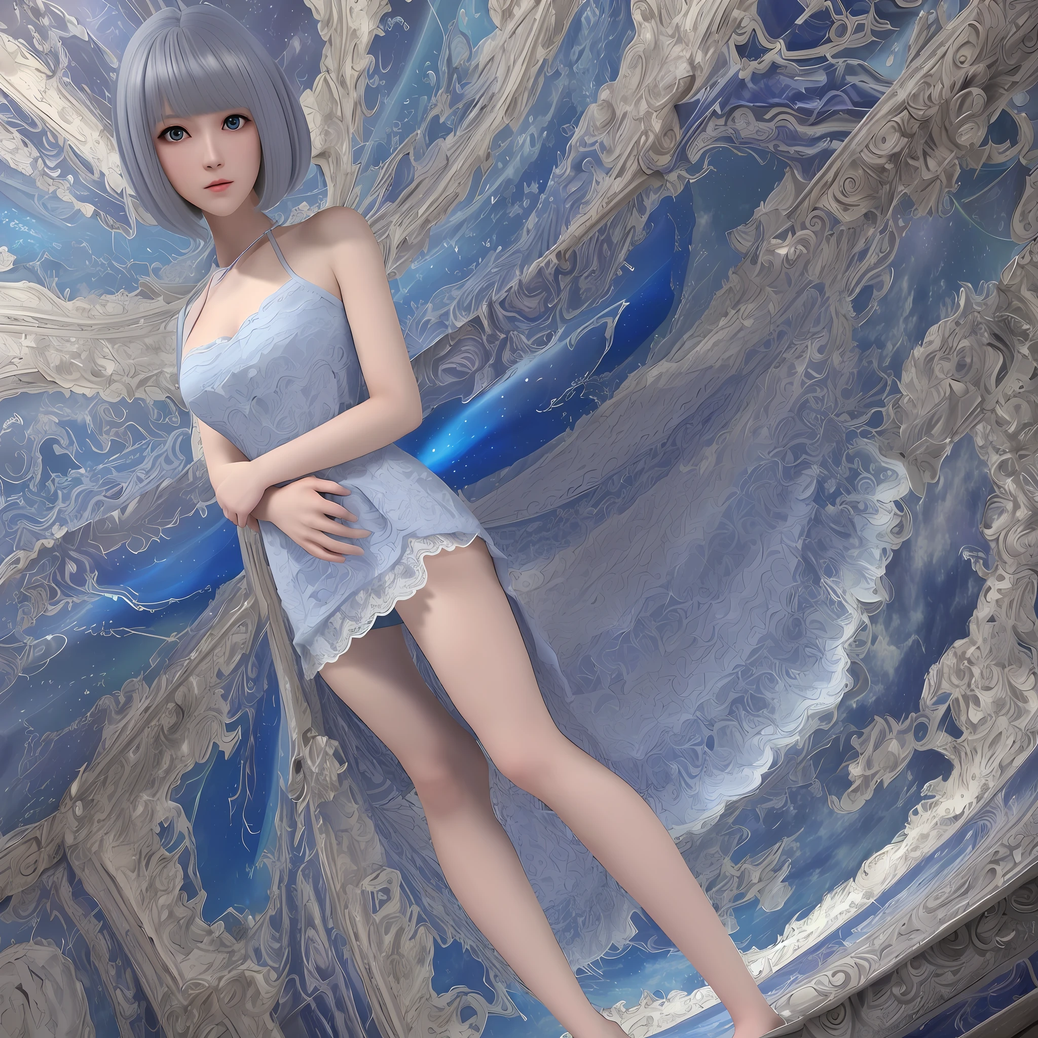 high resolution, best quality, masterpiece, ultra high definition, ultra high definition, ultra realistic, 3d, anime, illustration, background kaleidoscope, solo, beauty cute lady, big glossy blue eyes, glossy gray long wavy bob cut, gentle smile, full body, perfect best proportion, 10 heads tall, thin lace camisole dress and shawl