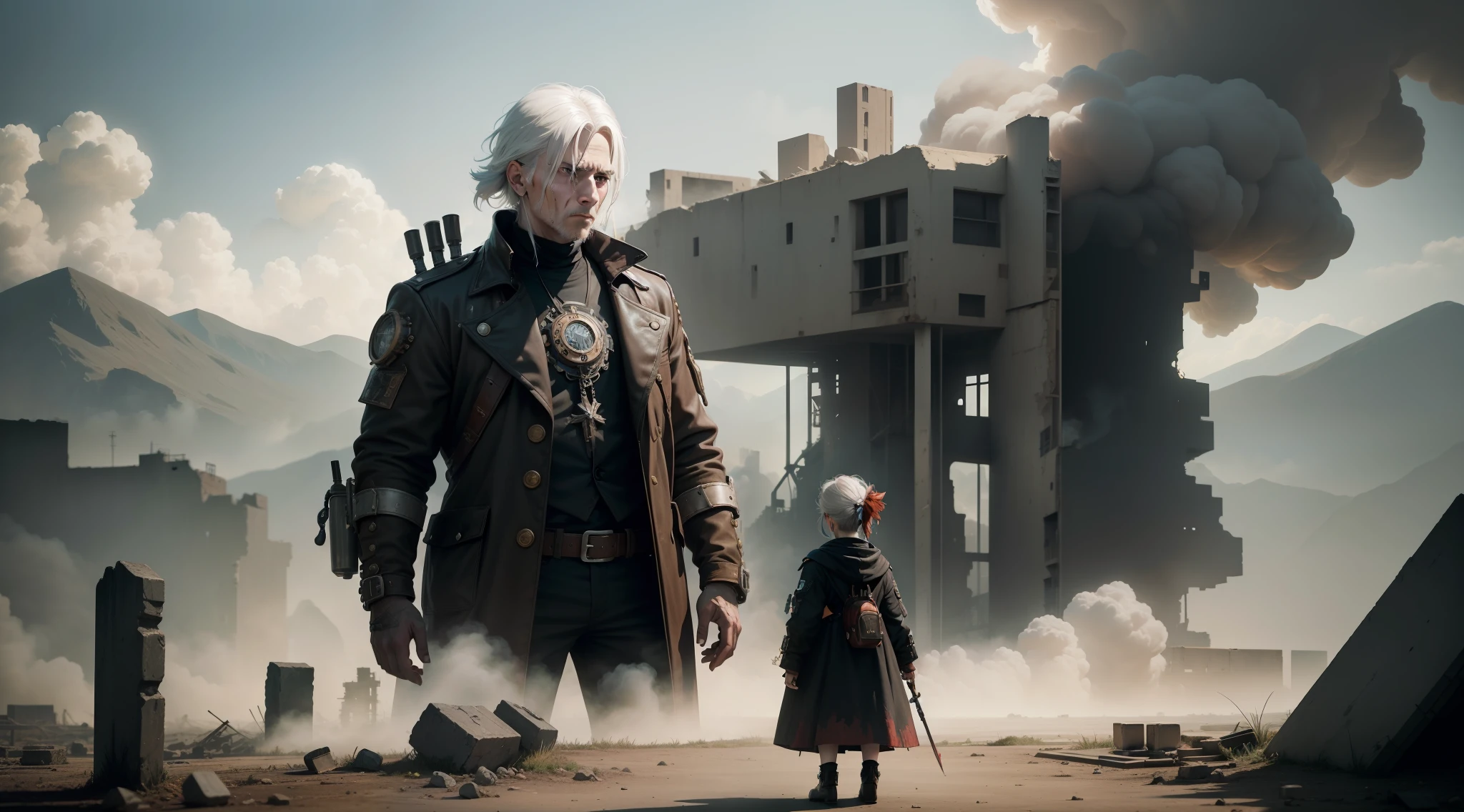 /Imagination Tips: Illustration The white-haired and black-clothed old man had a weak face full of blood, and smoke was smoking in the distance. There is a little red-haired punk girl on the ruins of war::17, there are many steampunk pigs in the air::15, a beautiful girl with long pig ears::12, explosions and smoke around::15, white-haired man covered in blood::20, golden ratio::5, high angle view::12, Unreal Engine::10, Edge light::14, Cinematic light::11, Cyberpunk light::10, Fantasy::6, Movie::9, Ultra quality::6, Future robot::10 , Steampunk::19 --Seed 252441588--S 600 --Q 2--C 40
