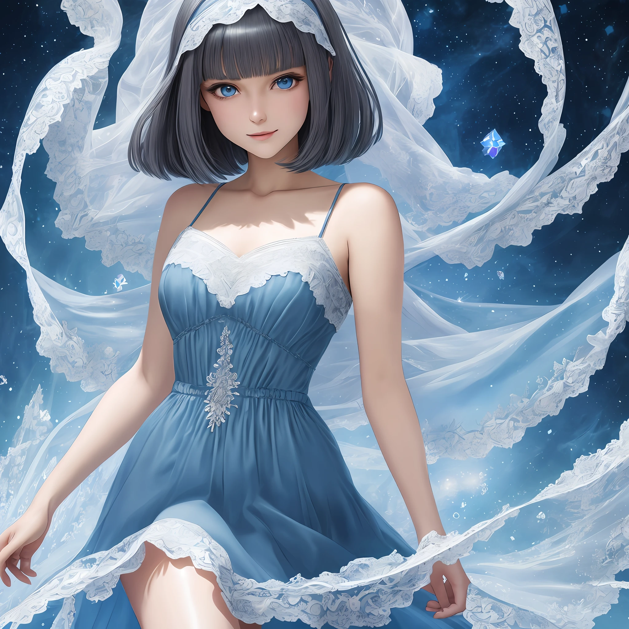 high resolution, best quality, masterpiece, ultra high definition, ultra high definition, ultra realistic, 3d, anime, illustration, background kaleidoscope, solo, beauty cute lady, big glossy blue eyes, glossy gray long wavy bob cut, gentle smile, full body, perfect best proportion, 10 heads tall, thin lace camisole dress and shawl