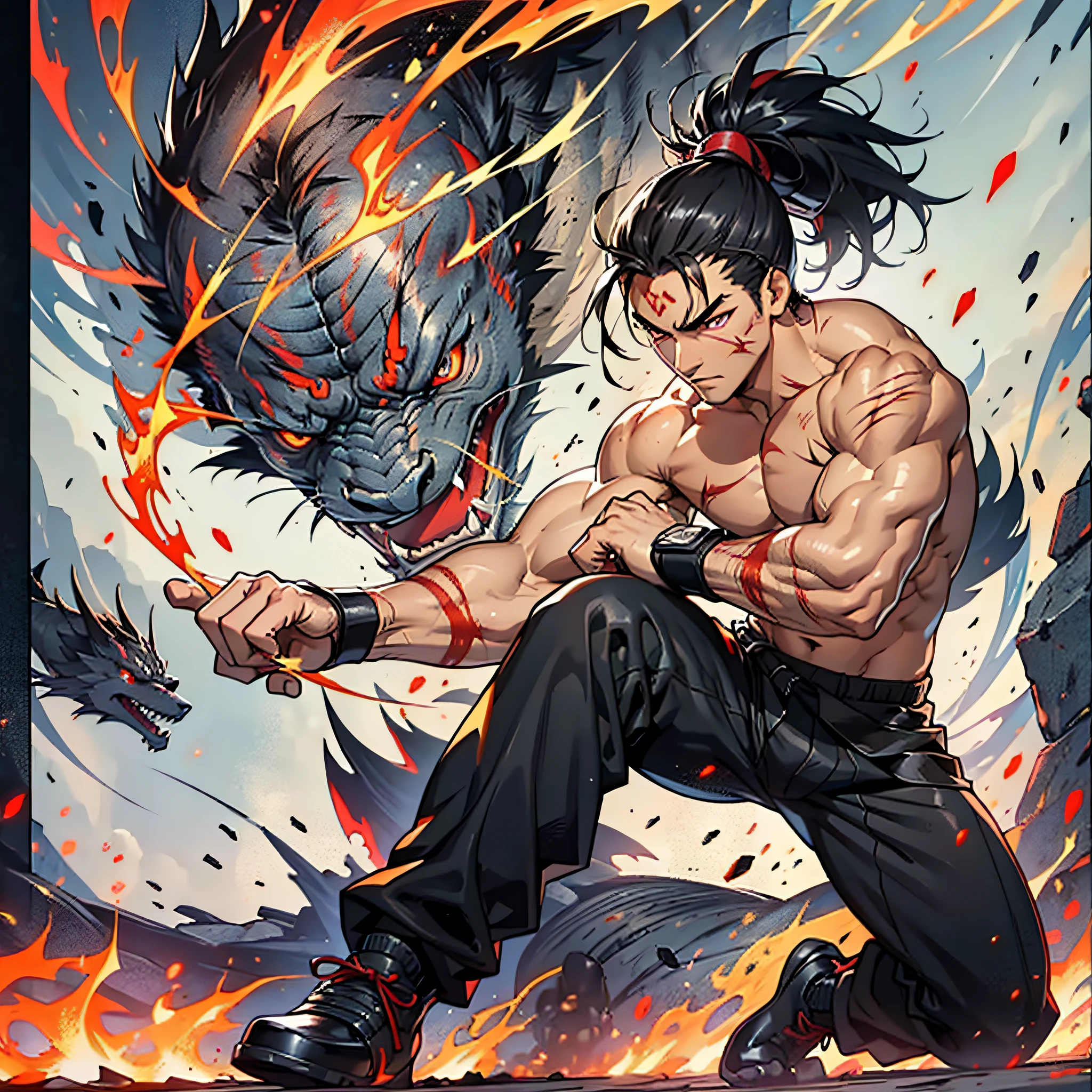 Muscular man, samurai, black hair, ponytail, shirtless, long black pants, kung fu shoes, burn marks, scars on the body, indifferent look, red colored eyes, fire creatures around, flaming creatures fantasy, arena, flames in the hands.