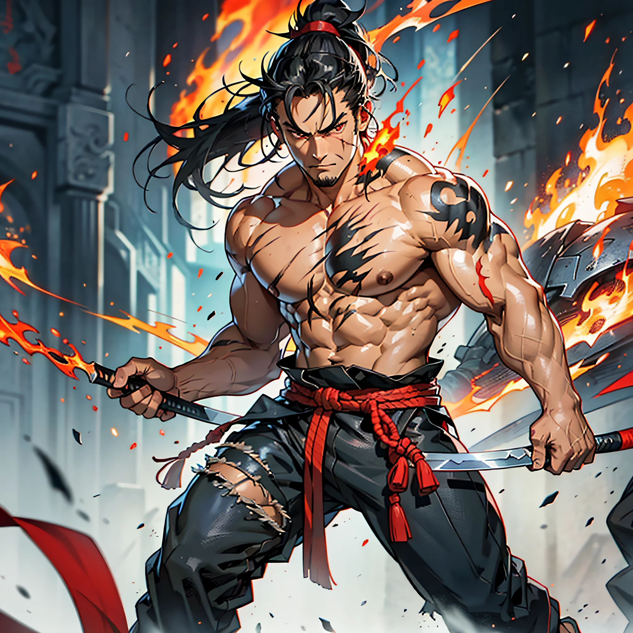 Muscular man, samurai, black hair, ponytail, shirtless, long black pants, kung fu shoes, burn marks, scars on the body, indifferent look, red colored eyes, fire creatures around, flaming creatures fantasy, arena, flames in the hands.