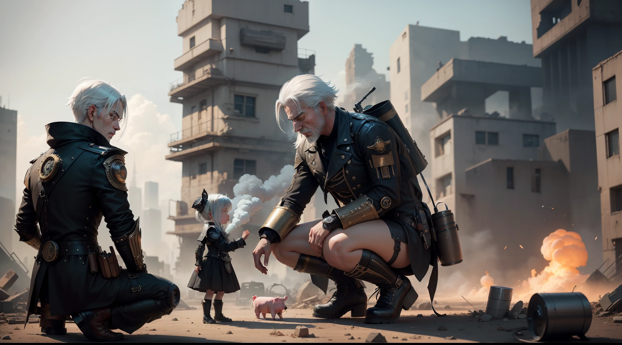 /imagine prompt: illustration of The old man with white hair and black clothes knelt before a beautiful little girl with long pig ears and surrendered. Next to the little girl stood the Steampunk pig ,On the ruins of war::17, There are many Steampunk pigs in the background::15, A beautiful little girl with long pig ears::12, There are explosions and thick smoke around::15, White haired man surrenders and becomes frustrated::20, Golden ratio::5, over the shoulder shot::12, Unreal Engine::10, Rim light::14, Cinematic light::11, Cyberpunk light::10, Fantasy::6, Cinematic::9, hyper quality::6, Futuristic Robots::10, Steampunk::19 --seed 252441588 --s 600 --q 2 --c 40