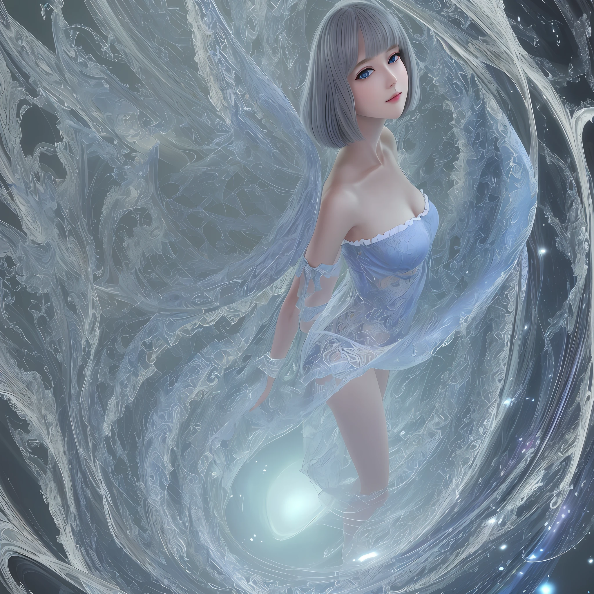 high resolution, best quality, masterpiece, ultra high definition, ultra high definition, ultra realistic, 3d, anime, illustration, background kaleidoscope, solo, beauty cute lady, big glossy blue eyes, glossy gray long wavy bob cut, gentle smile, full body, perfect best proportion, 10 heads tall, thin lace camisole dress and shawl
