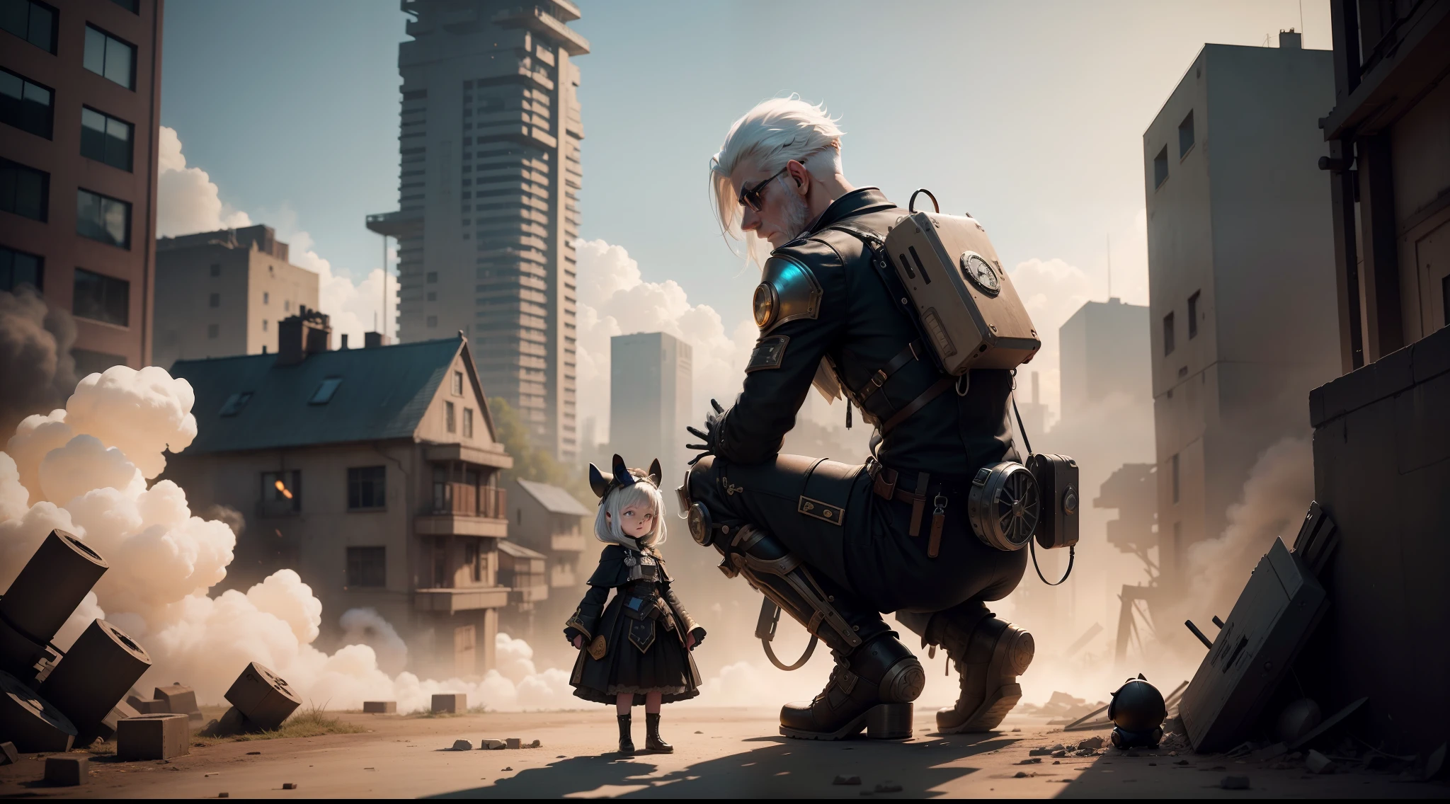 /imagine prompt: illustration of The old man with white hair and black clothes knelt before a beautiful girl with long pig ears and surrendered. Next to the little girl stood the Steampunk pig ,On the ruins of war::17, There are many Steampunk pigs in the background::15, A beautiful littlewith long pig ears::12, There are explosions and thick smoke around::15, White haired man surrenders and becomes frustrated::20, Golden ratio::5, over the shoulder shot::12, Unreal Engine::10, Rim light::14, Cinematic light::11, Cyberpunk light::10, Fantasy::6, Cinematic::9, hyper quality::6, Futuristic Robots::10, Steampunk::19 --seed 252441588 --s 600 --q 2 --c 40