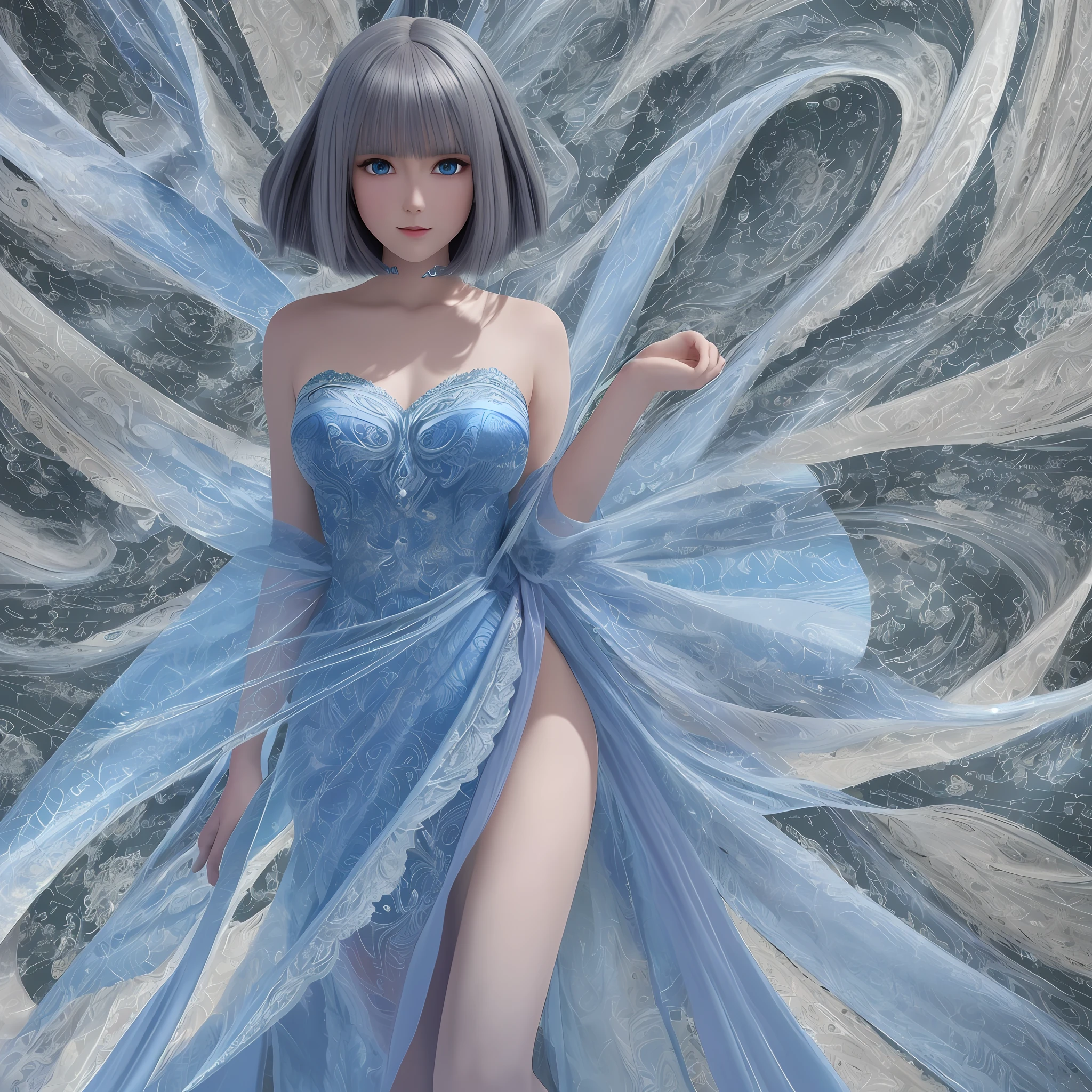 high resolution, best quality, masterpiece, ultra high definition, ultra high definition, ultra realistic, 3d, anime, illustration, background kaleidoscope, solo, beauty cute lady, big glossy blue eyes, glossy gray long wavy bob cut, gentle smile, full body, perfect best proportion, 10 heads tall, thin lace camisole dress and shawl