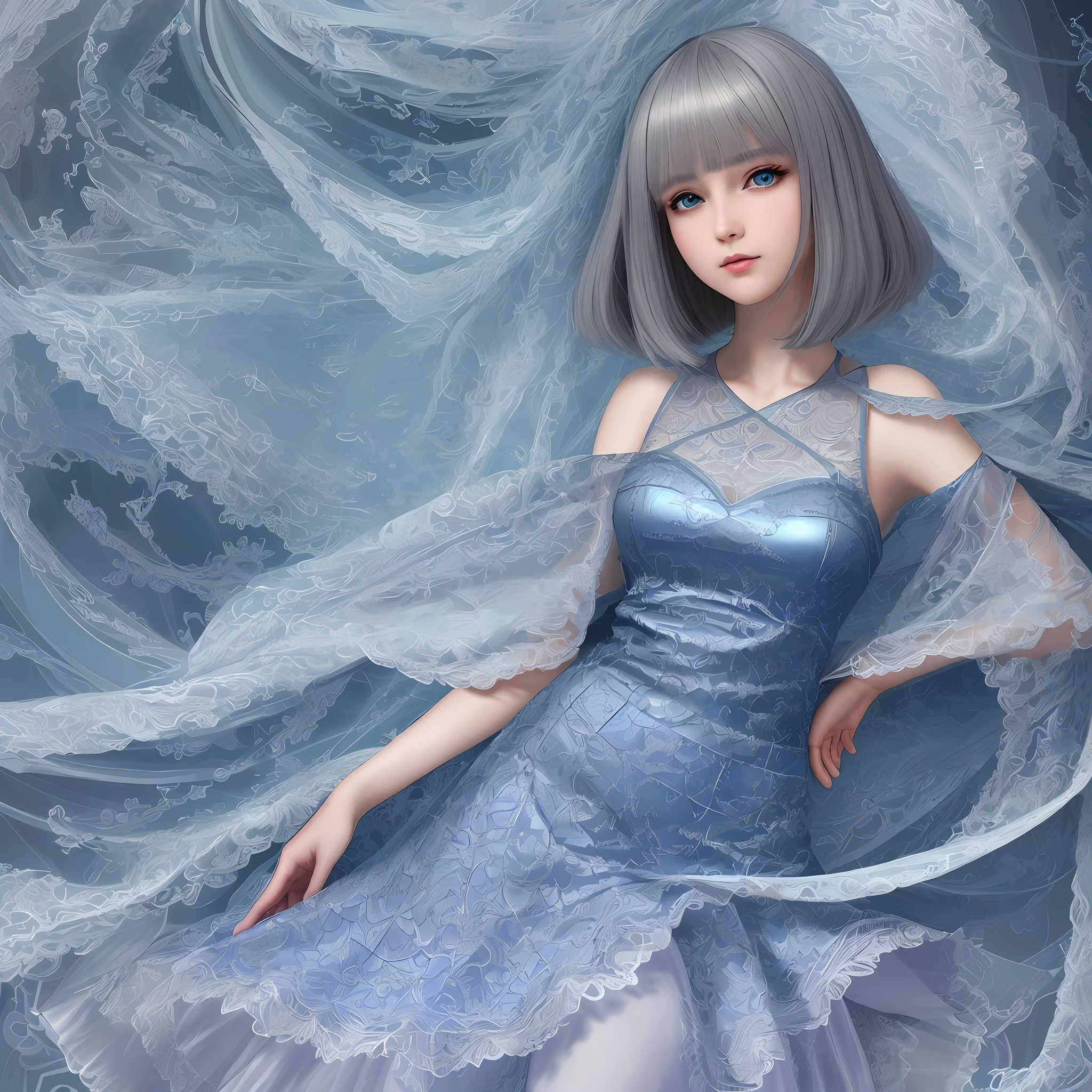 high resolution, best quality, masterpiece, ultra high definition, ultra high definition, ultra realistic, 3d, anime, illustration, background kaleidoscope, solo, beauty cute lady, big glossy blue eyes, glossy gray long wavy bob cut, gentle smile, full body, perfect best proportion, 10 heads tall, thin lace camisole dress and shawl