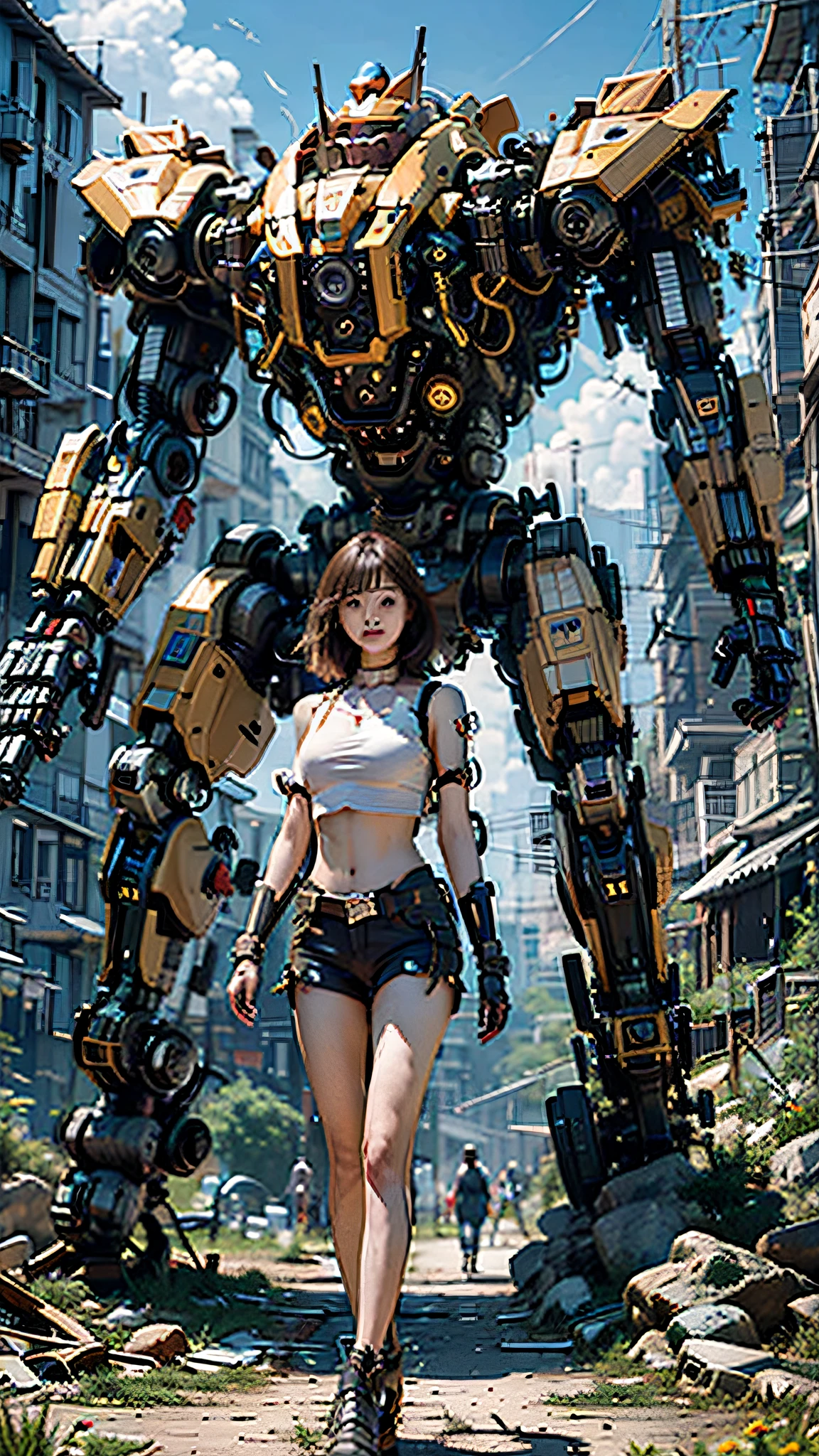 ((masterpiece, best quality)),illustration,ultra detailed 8k,photorealistic,sharp focus,highly detailed,professional lighting,colorful details,iridescent colors BREAK extreme long shot of a factory,large mechanical robot construction,microchip,computer,glowing,intricate details,shitu-mecha,1girl is standing in front of the audience,Navel