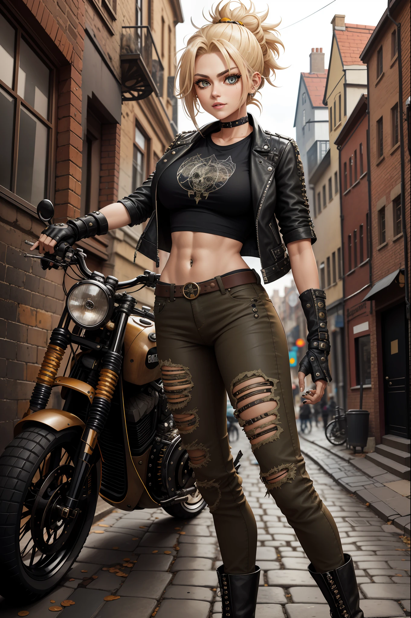Leather moto jacket paired with a graphic t-shirt, distressed skinny jeans, and combat boots., cute girl, dazzling Khaki eyes, twisted breasts, Amber topknot hair, A mechanical spider scuttling across the cobblestones, with its legs powered by clockwork mechanisms., thick lines, anime style
