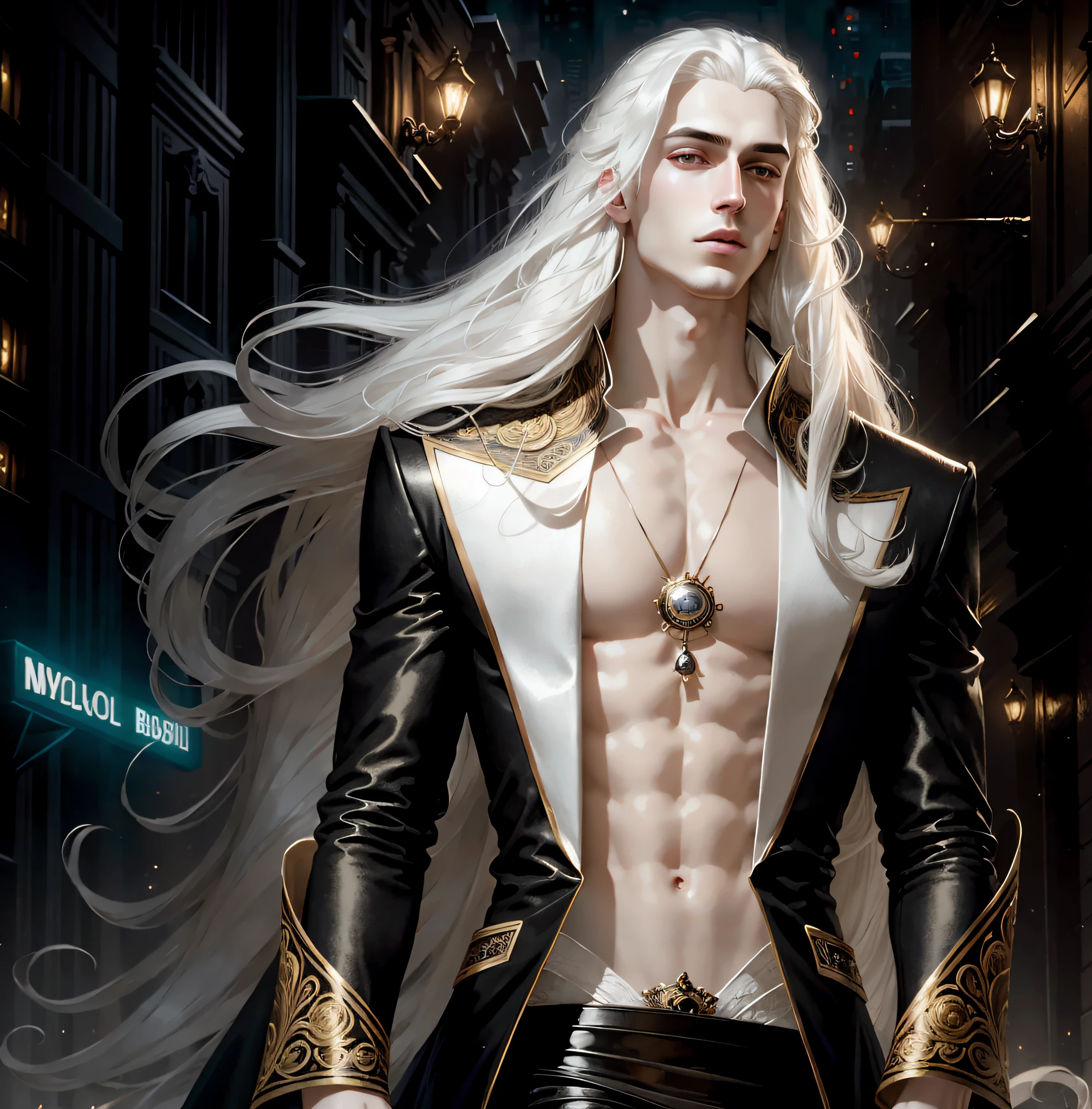masterpiece, highest quality, (solo focus), (perfect face:1.1), (high detail:1.1),dramatic, 1guy, (pale skin), long white hair, white eyes, [light eyebrows], solo, long hair, moon, night, black luxury g String, covered navel, pouty lips, covered, futuristic city, detailed background, art by artgerm and greg rutkowski, cinematic lighting, roses, fashion, BalenciagaStyle