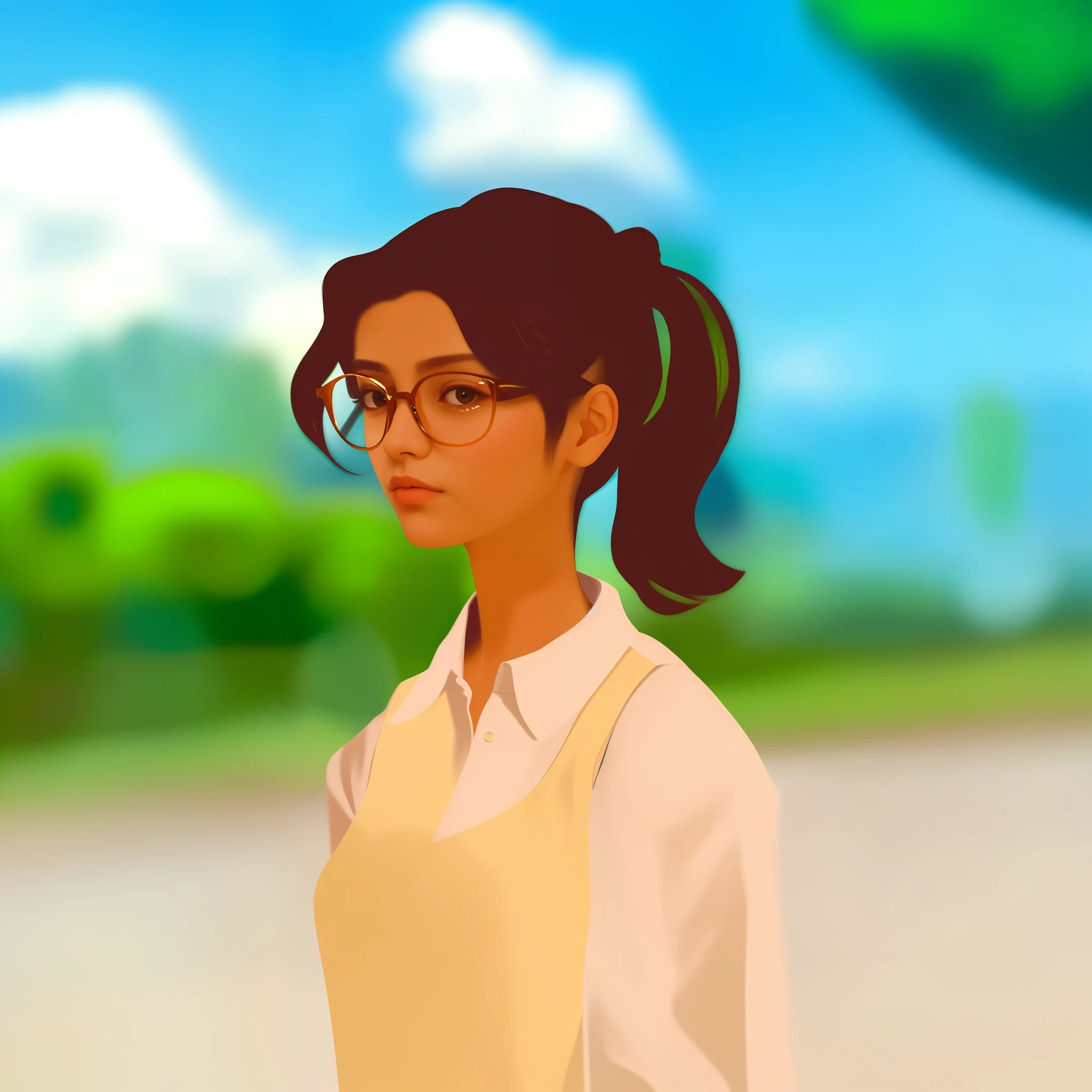 portrait of girl, 1girl, solo, glasses, shirt, ponytail hairstyle, beauty, masterpiece, smart aura