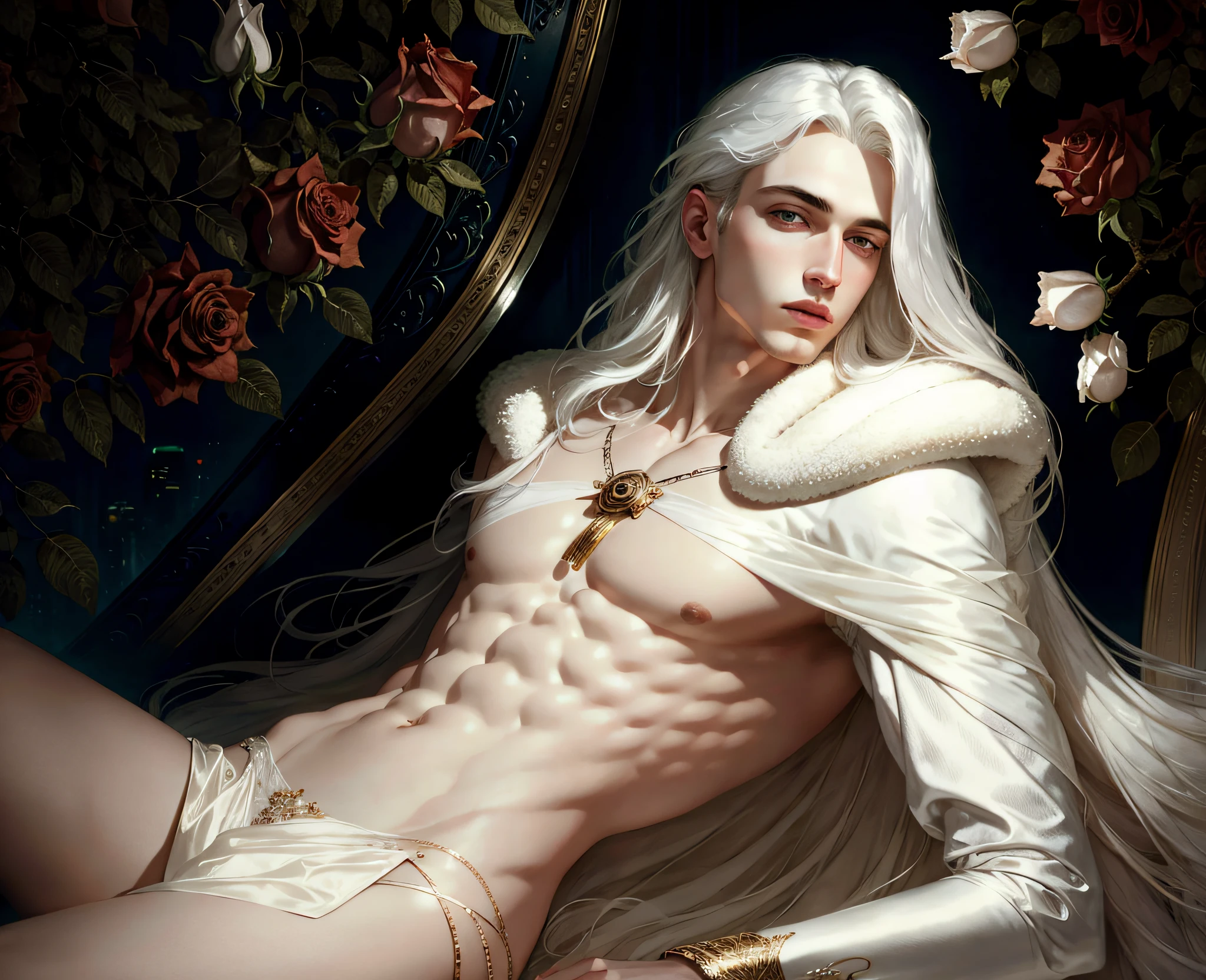 masterpiece, highest quality, (solo focus), (perfect face:1.1), (high detail:1.1),dramatic, 1guy, (pale skin), long white hair, white eyes, [light eyebrows], solo, long hair, moon, night, black luxury g String, covered navel, pouty lips, covered, futuristic city, detailed background, art by artgerm and greg rutkowski, cinematic lighting, roses, fashion, BalenciagaStyle